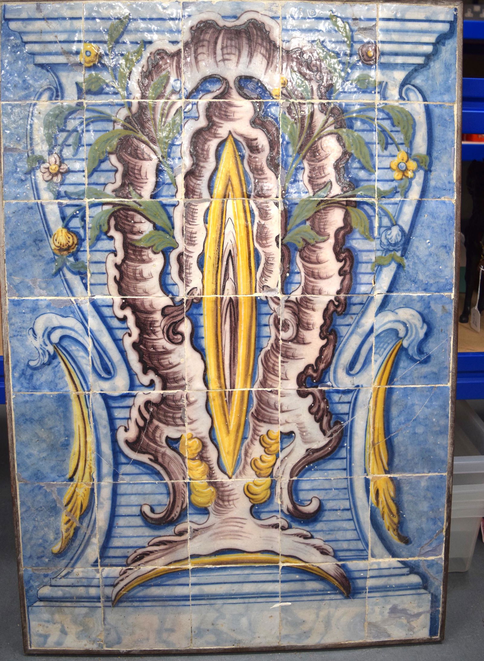 A LARGE 19TH CENTURY MAJOLICA TILE PANEL, depicting a (1 of 2)