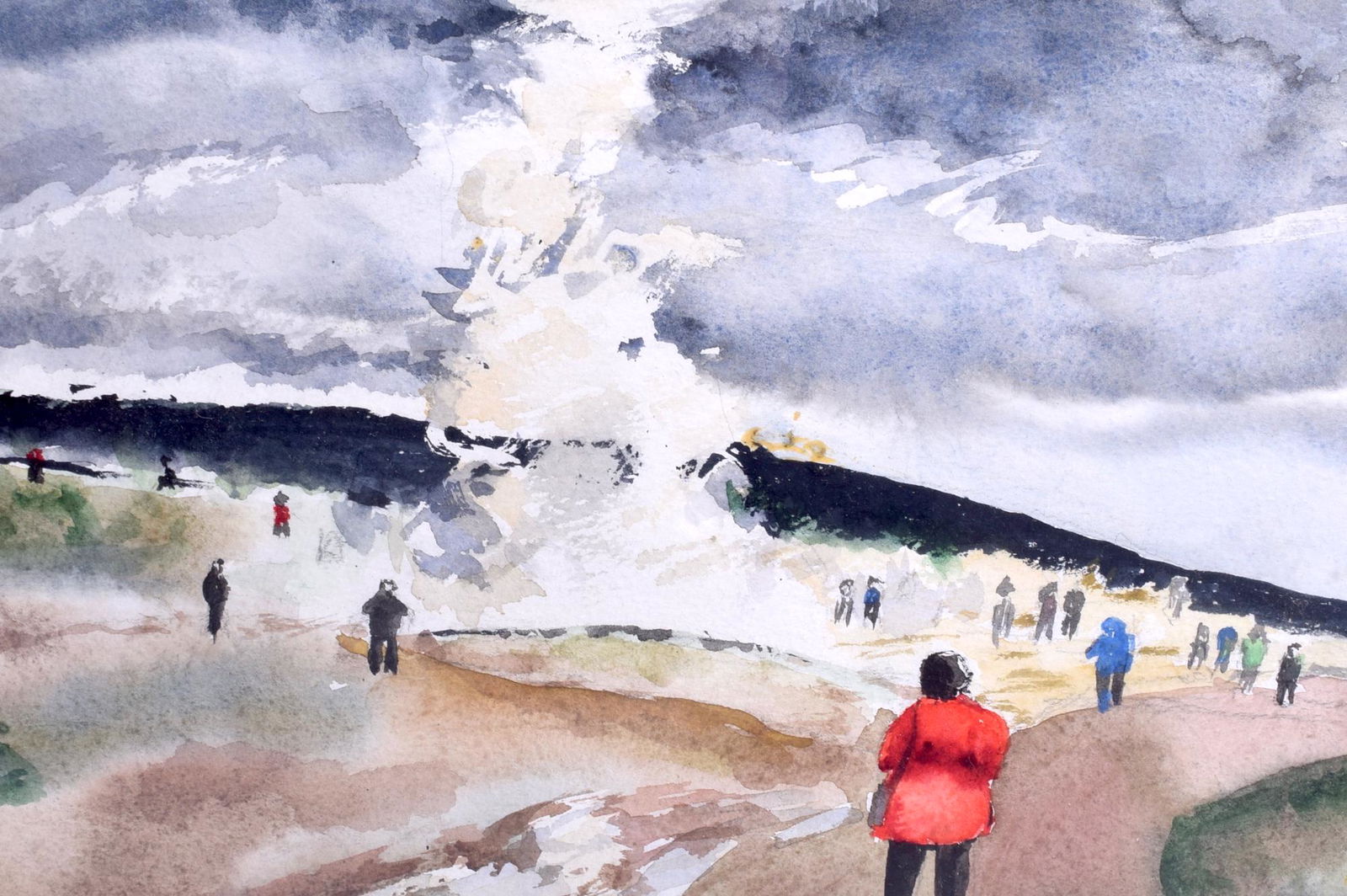 DUVALL GREATWOOD (British) FRAMED WATERCOLOUR,: DUVALL GREATWOOD (British) FRAMED WATERCOLOUR, “Greating On Thin Ice”, figures in a landscape. 19 cm x 28 cm.