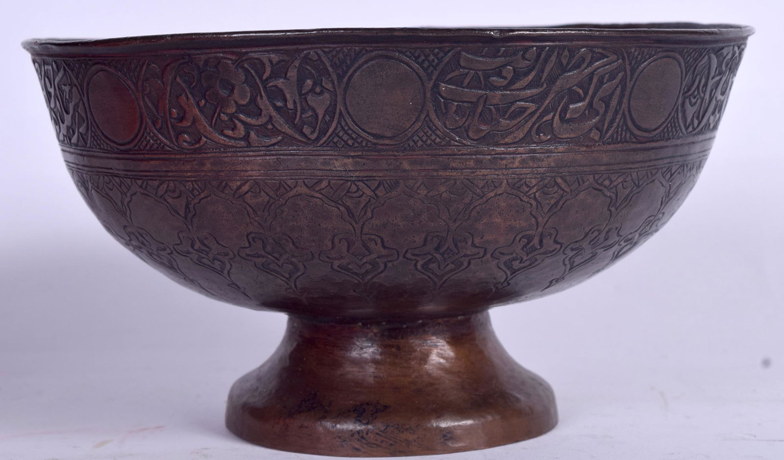 A 19TH CENTURY ISLAMIC BRONZE PEDESTAL BOWL, decorated (1 of 1)