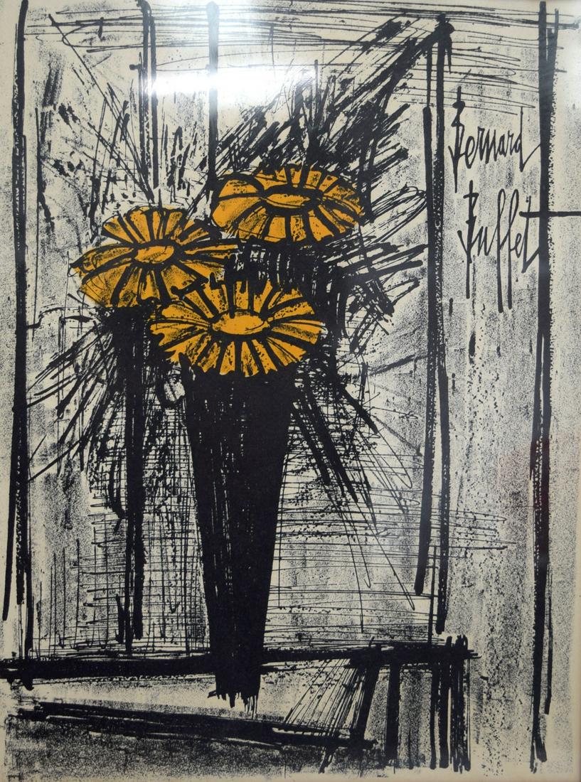 BERNARD BUFFET (1928-1999) FRAMED LITHOGRAPH, still: BERNARD BUFFET (1928-1999) FRAMED LITHOGRAPH, still life study of asters, certificate verso. 28.5 cm x 22 cm.