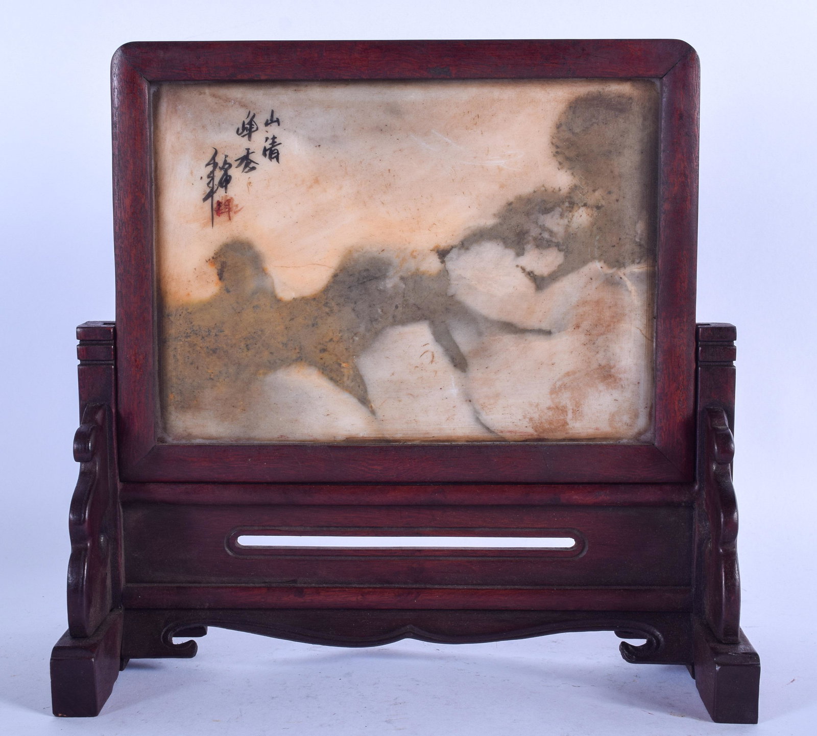A CHINESE CARVED WOOD AND MARBLE SCHOLARS SCREEN. 21 cm: A CHINESE CARVED WOOD AND MARBLE SCHOLARS SCREEN. 21 cm x 15 cm.