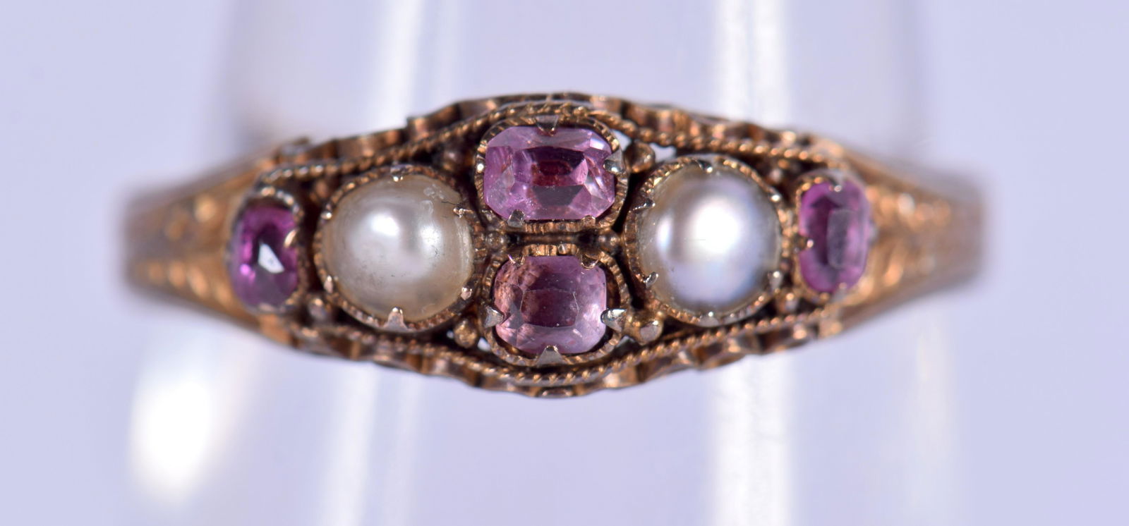 A VICTORIAN 14CT GOLD RUBY AND PEARL RING. 1.8 grams. (1 of 3)