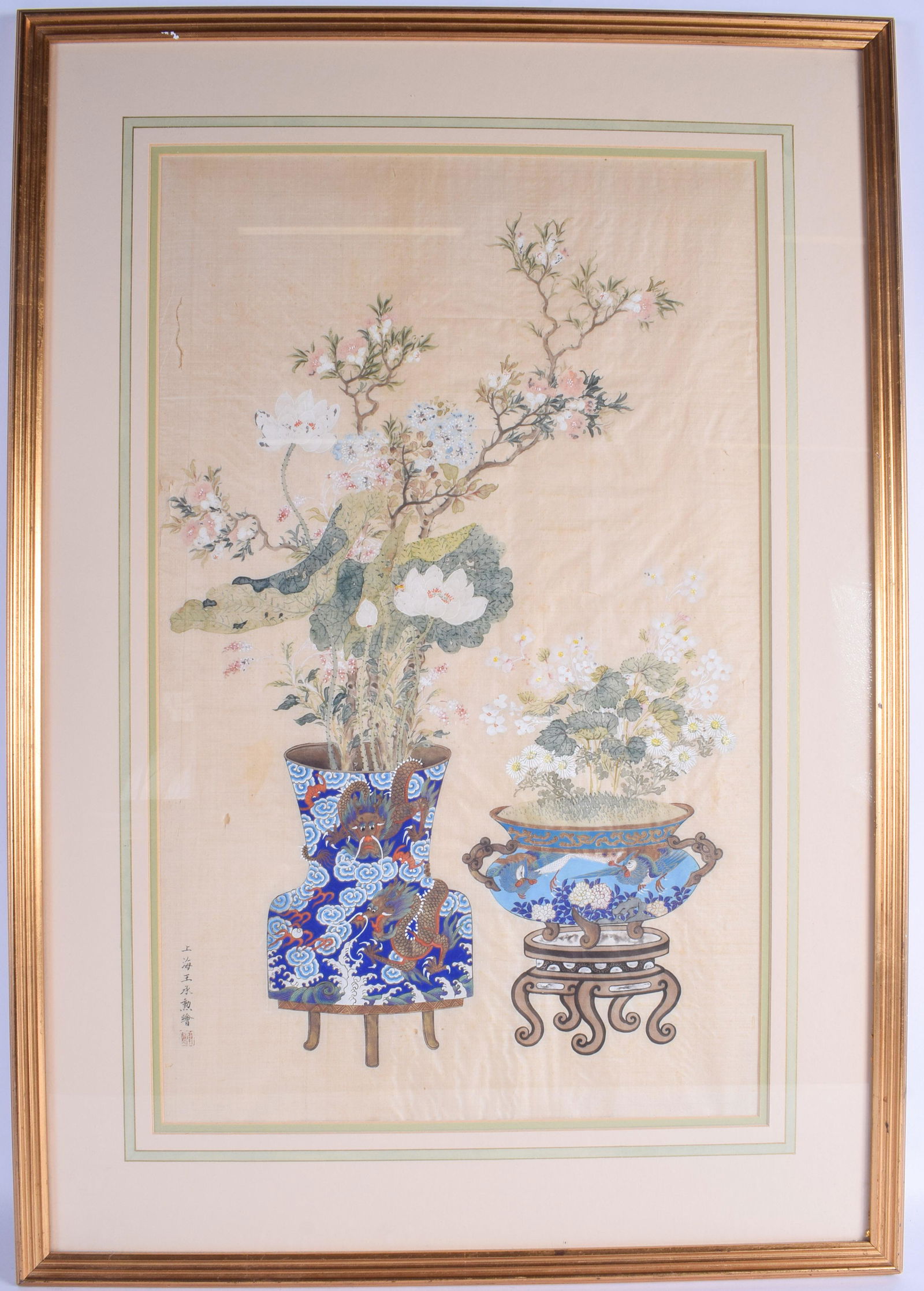 A LARGE 19TH CENTURY CHINESE FRAMED WATERCOLOUR ON SILK (1 of 5)