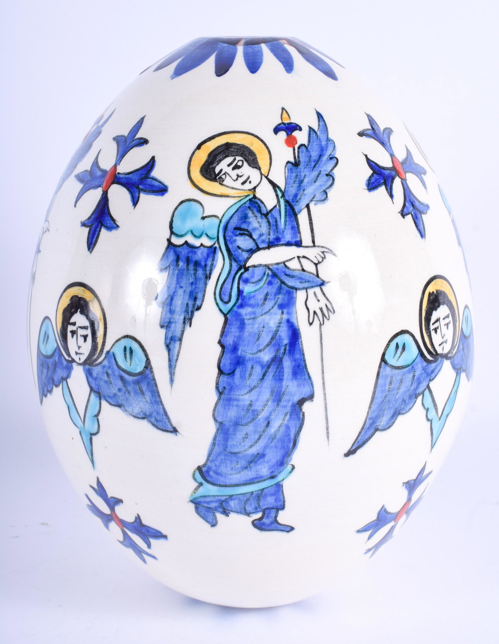 AN ARMENIAN TURKISH HANGING POTTERY BALL. 21 cm x 17: AN ARMENIAN TURKISH HANGING POTTERY BALL. 21 cm x 17 cm.