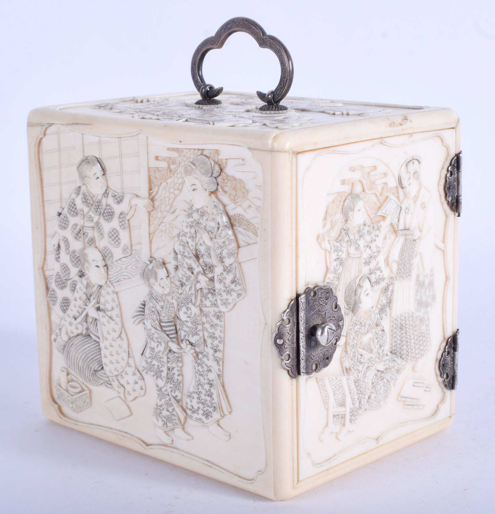 A FINE 19TH CENTURY JAPANESE MEIJI PERIOD SHIBAYAMA: A FINE 19TH CENTURY JAPANESE MEIJI PERIOD SHIBAYAMA INLAID BONE CABINET decorated with geisha and figures within landscapes. 9 cm x 8.75 cm.