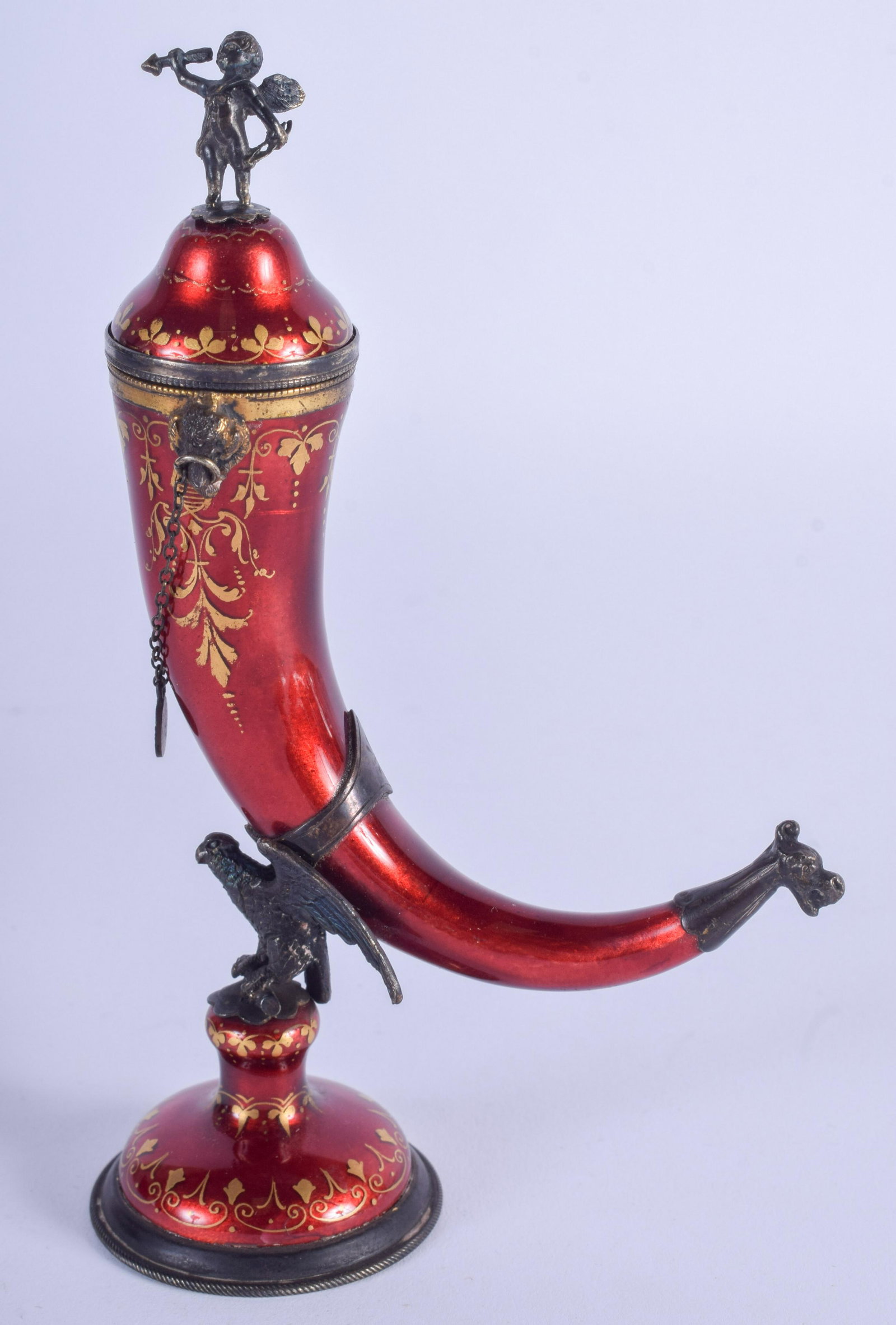 A MID 19TH CENTURY VIENNA AUSTRIAN SILVER AND ENAMEL: A MID 19TH CENTURY VIENNA AUSTRIAN SILVER AND ENAMEL CORNUCOPIA formed with a putti terminal. 14 cm x 7 cm.