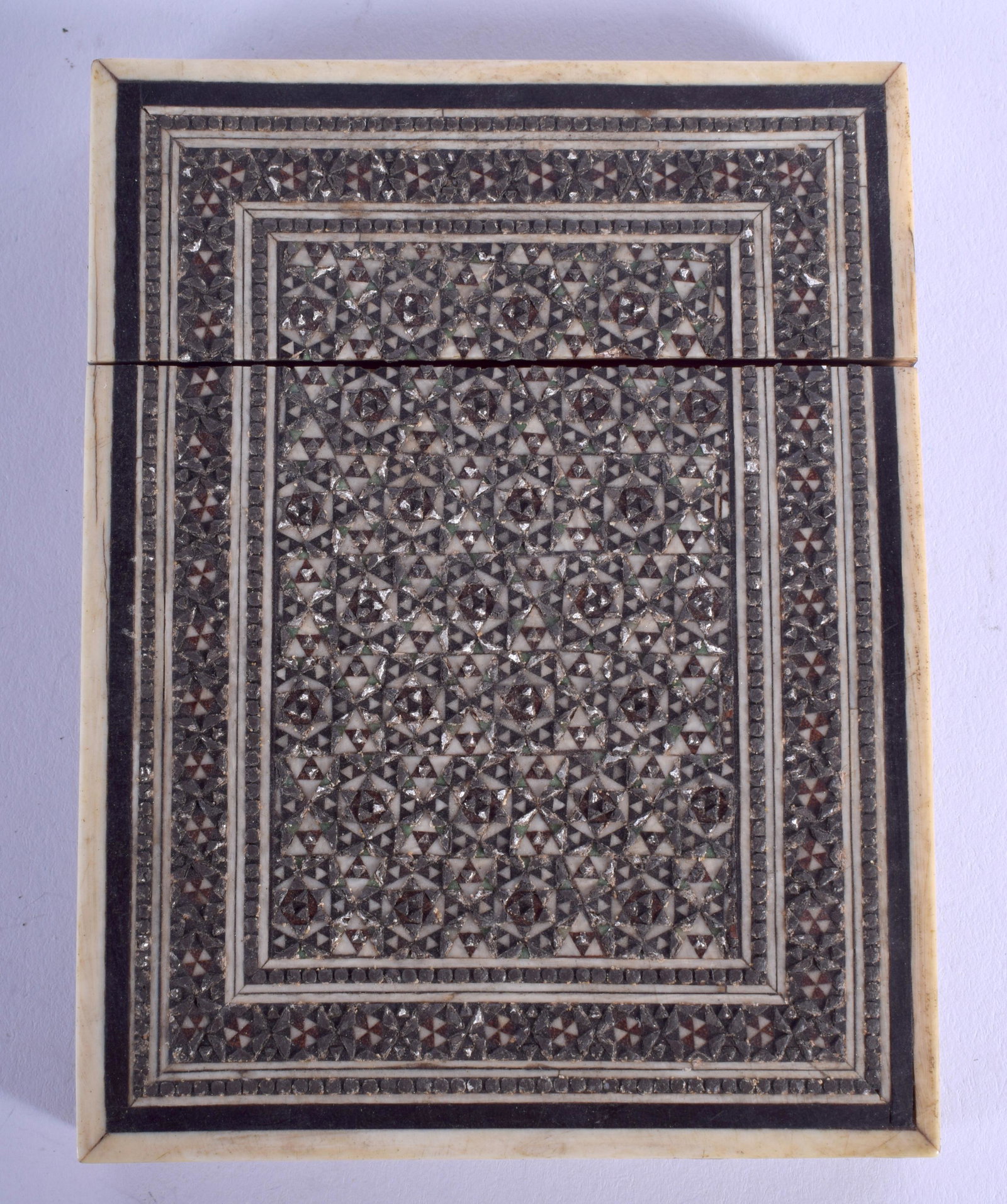 AN ANTIQUE MICRO MOSAIC bone CARD CASE AND COVER.: AN ANTIQUE MICRO MOSAIC bone CARD CASE AND COVER. 8 cm x 10 cm.