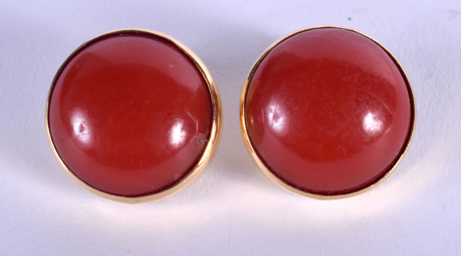 A PAIR 18CT GOLD AND CORAL EARRINGS. 14.2 grams. (1 of 3)