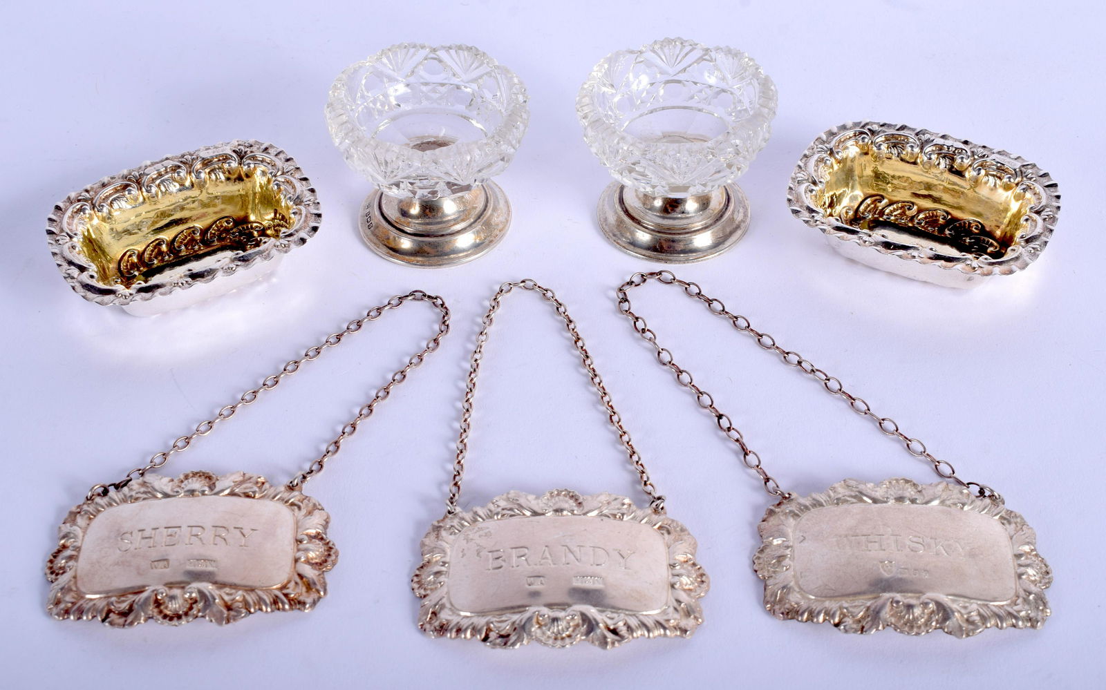 A PAIR OF SILVER DECANTER LABELS together with sa (1 of 3)