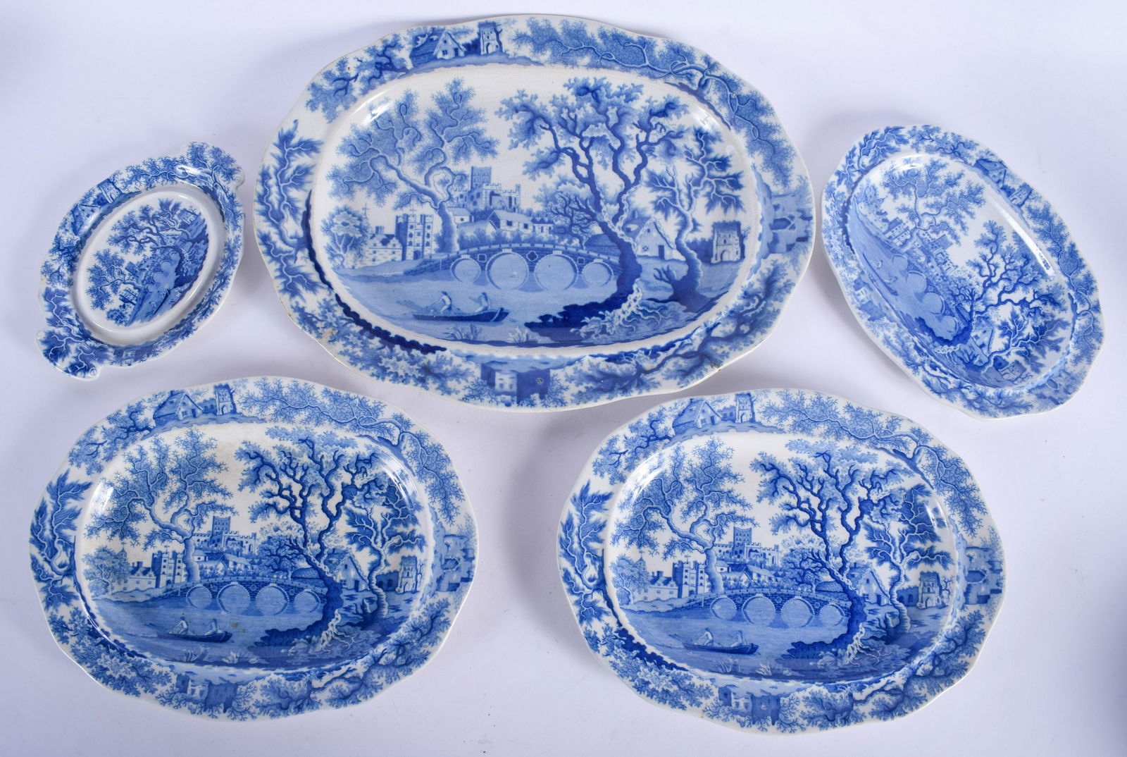 FIVE LARGE ANTIQUE BLUE AND WHITE DISHES. Largest (1 of 2)