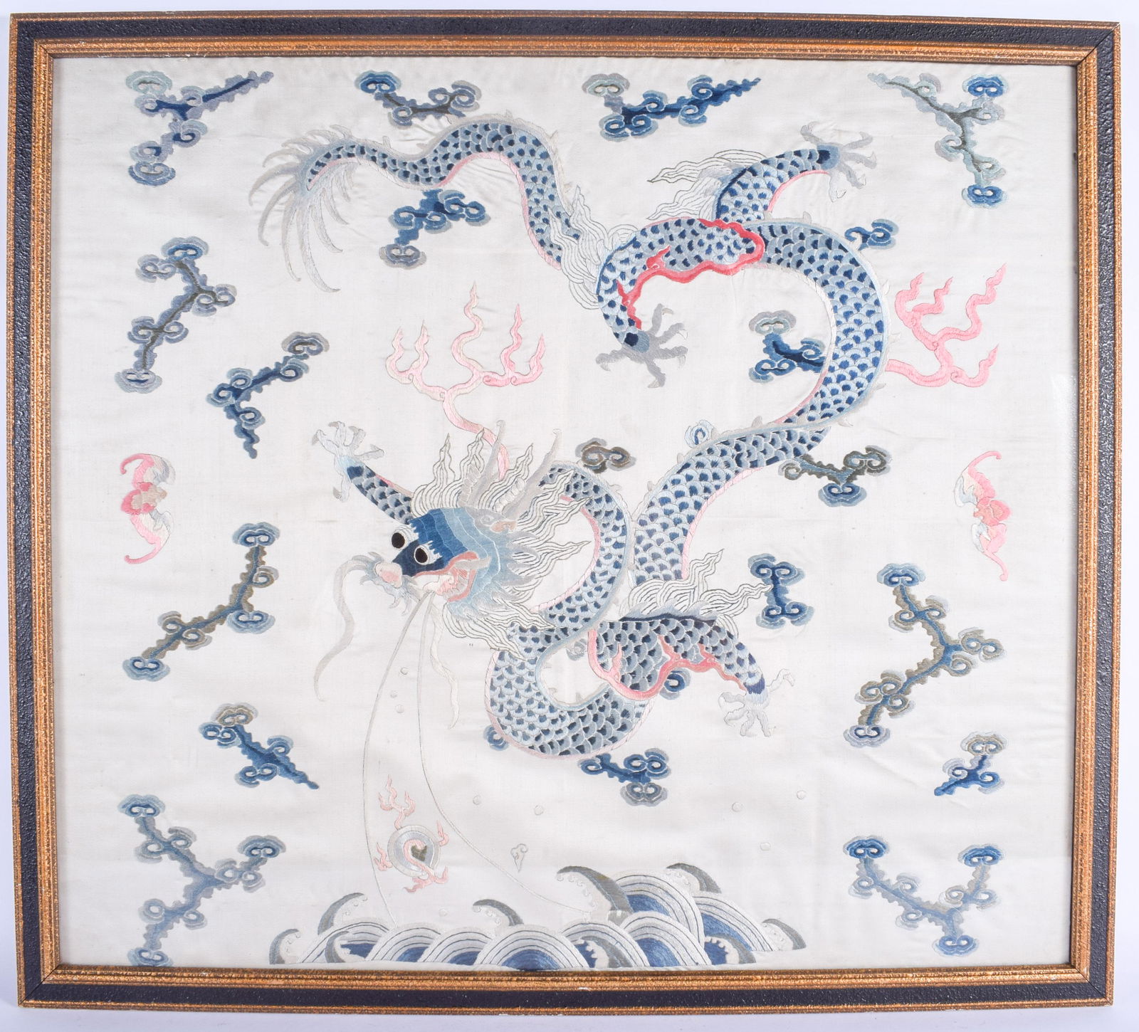 A 19TH CENTURY CHINESE SILKWORK DRAGON PANEL Late (1 of 4)