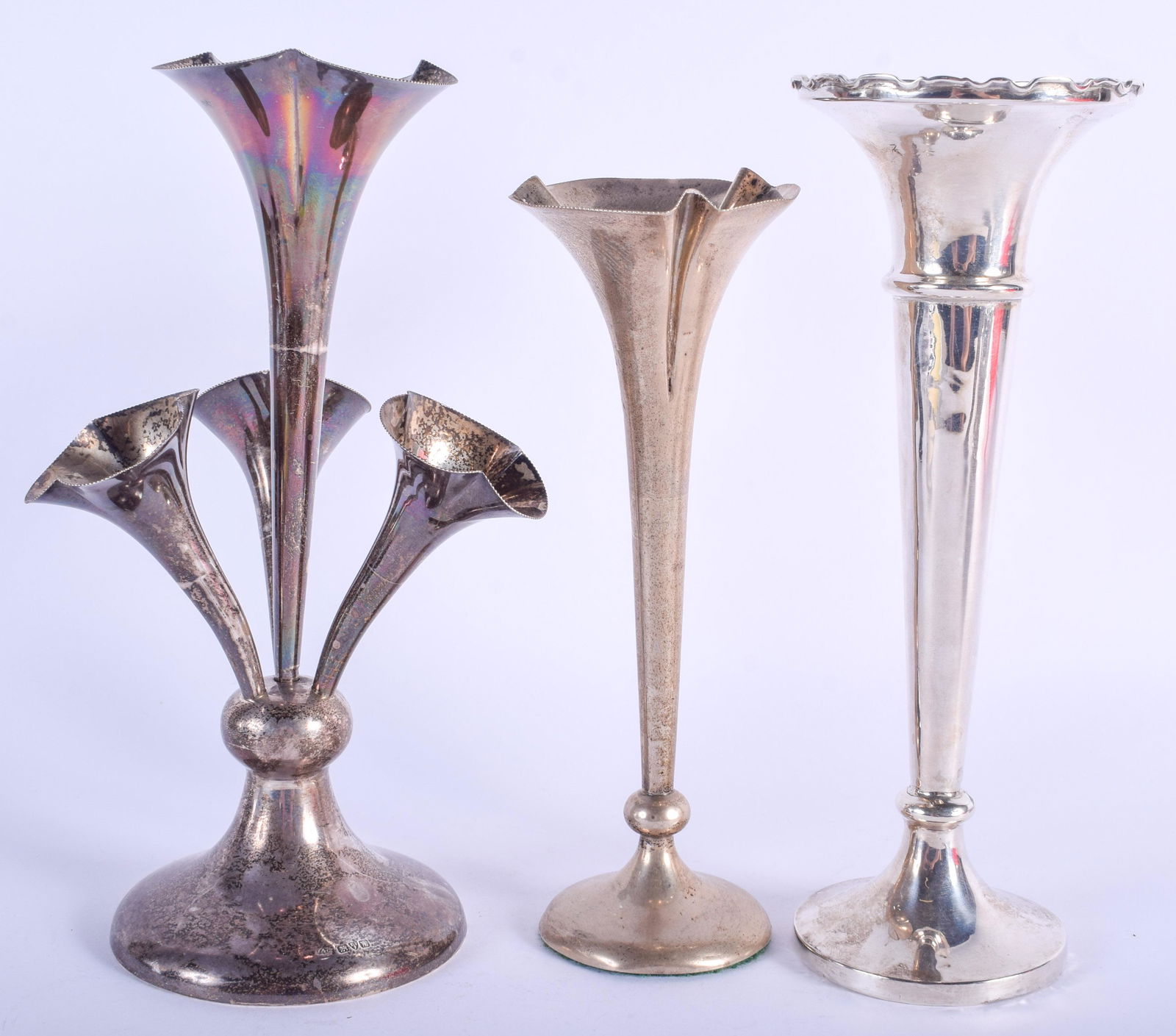 THREE ENGLISH SILVER POSY VASES. Largest 24 cm hi (1 of 5)