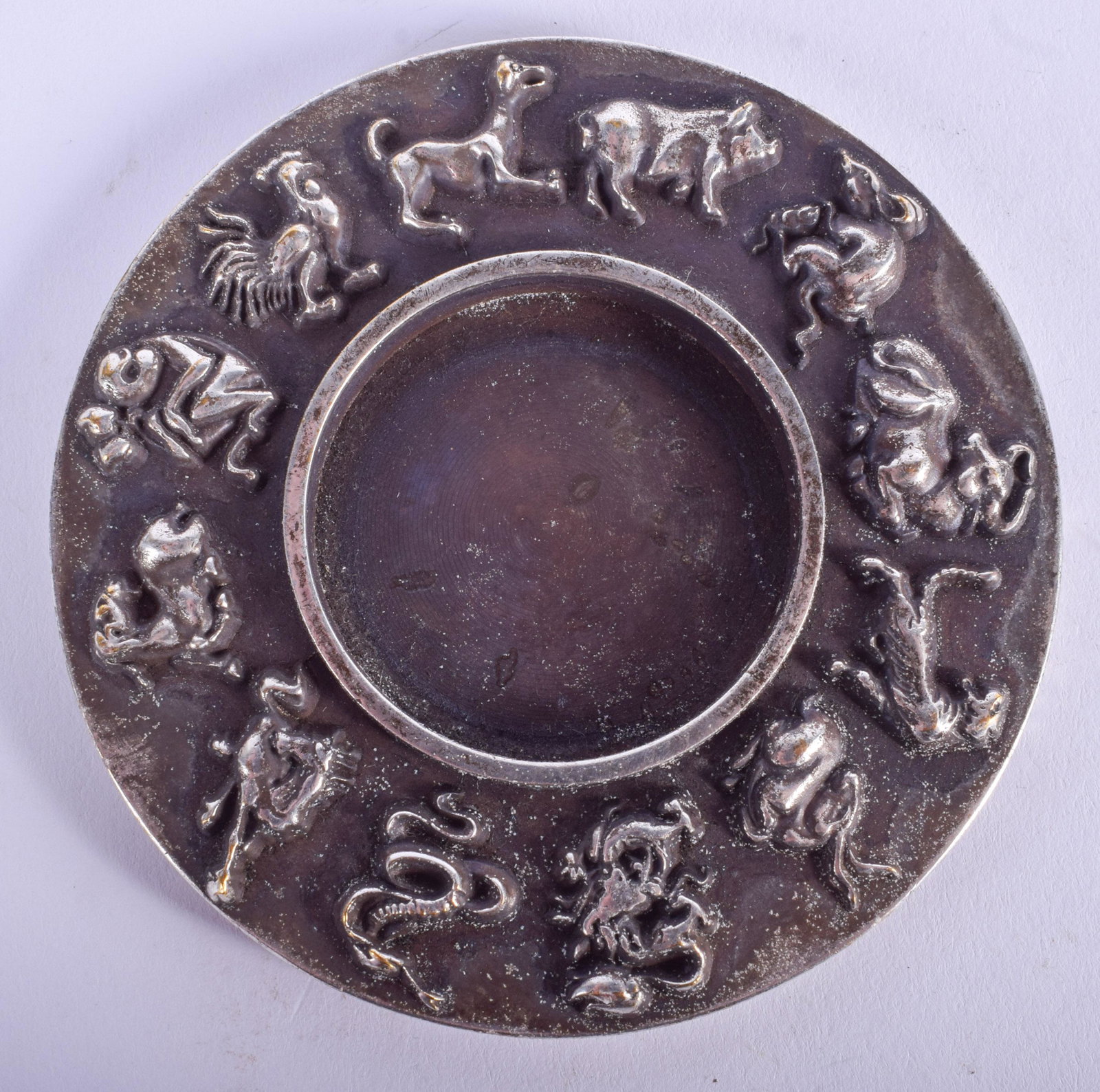 A CHINESE SILVERED BRONZE ZODIAC BRUSH WASHER. 8.5 cm: A CHINESE SILVERED BRONZE ZODIAC BRUSH WASHER. 8.5 cm wide.