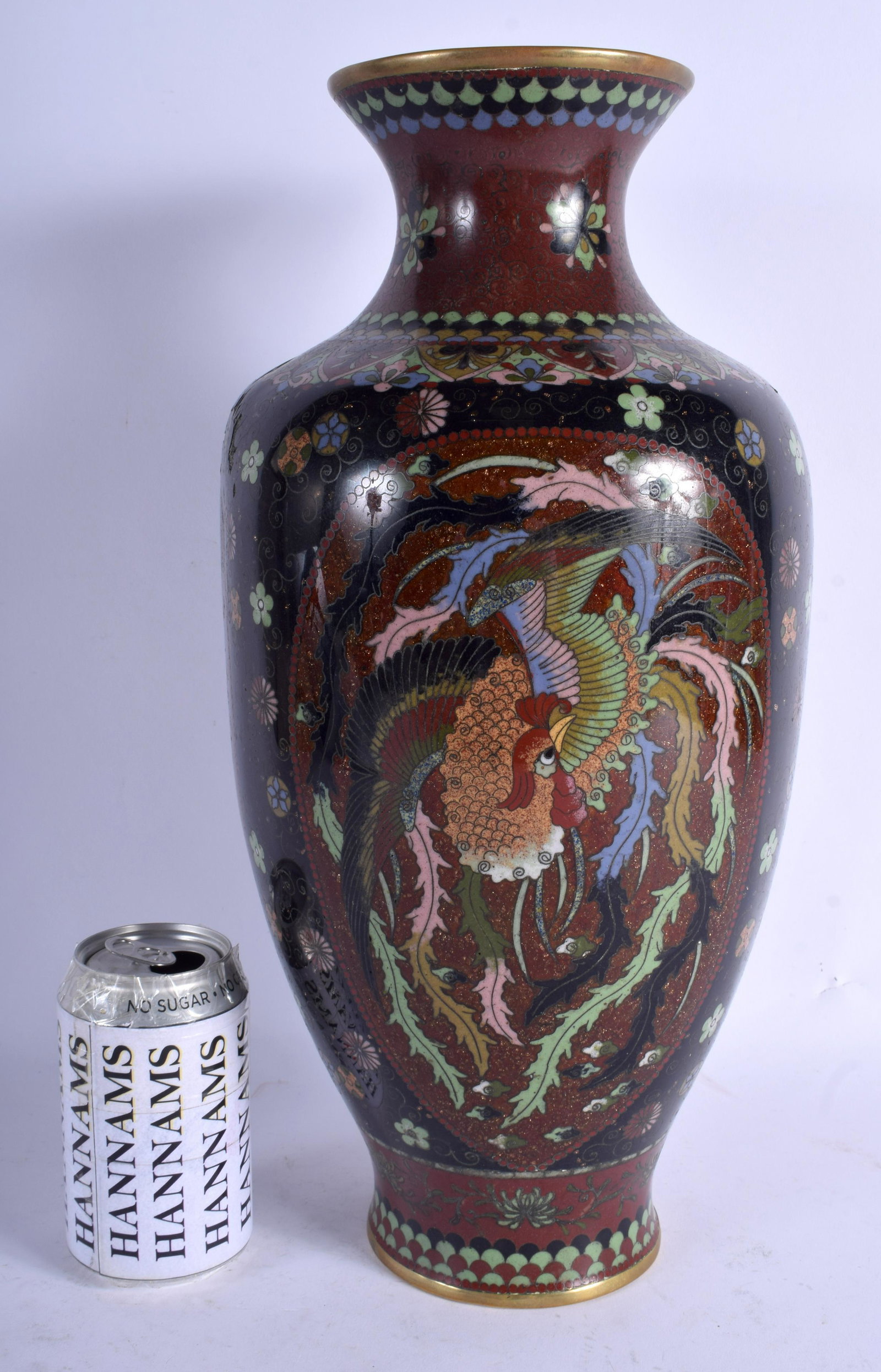 A LARGE 19TH CENTURY JAPANESE MEIJI PERIOD CLOISONNE: A LARGE 19TH CENTURY JAPANESE MEIJI PERIOD CLOISONNE ENAMEL VASE decorated with birds and flowers. 41 cm high.