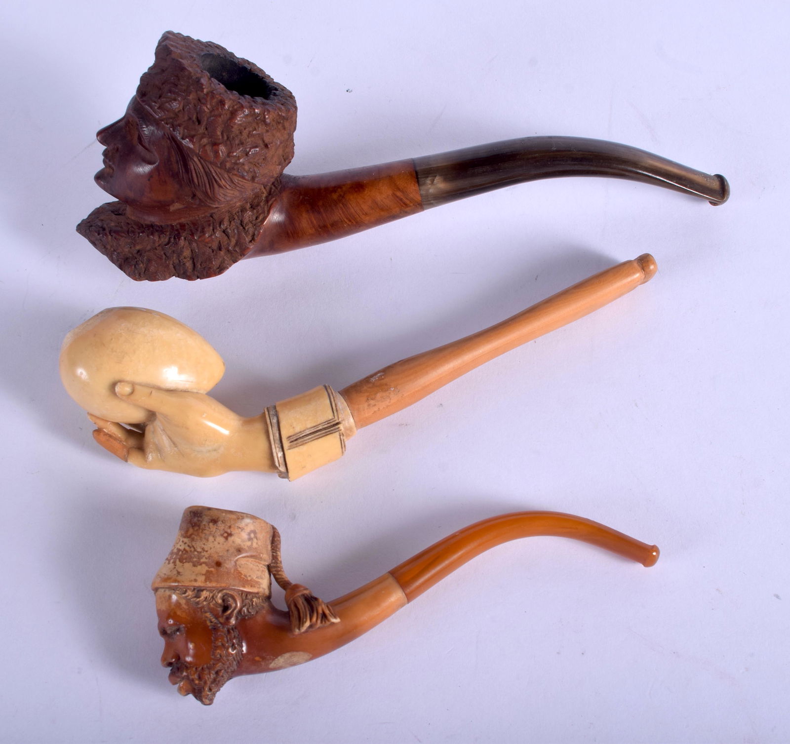 THREE ANTIQUE MEERSCHAUM PIPES. Largest 13 cm long. (3) (1 of 2)