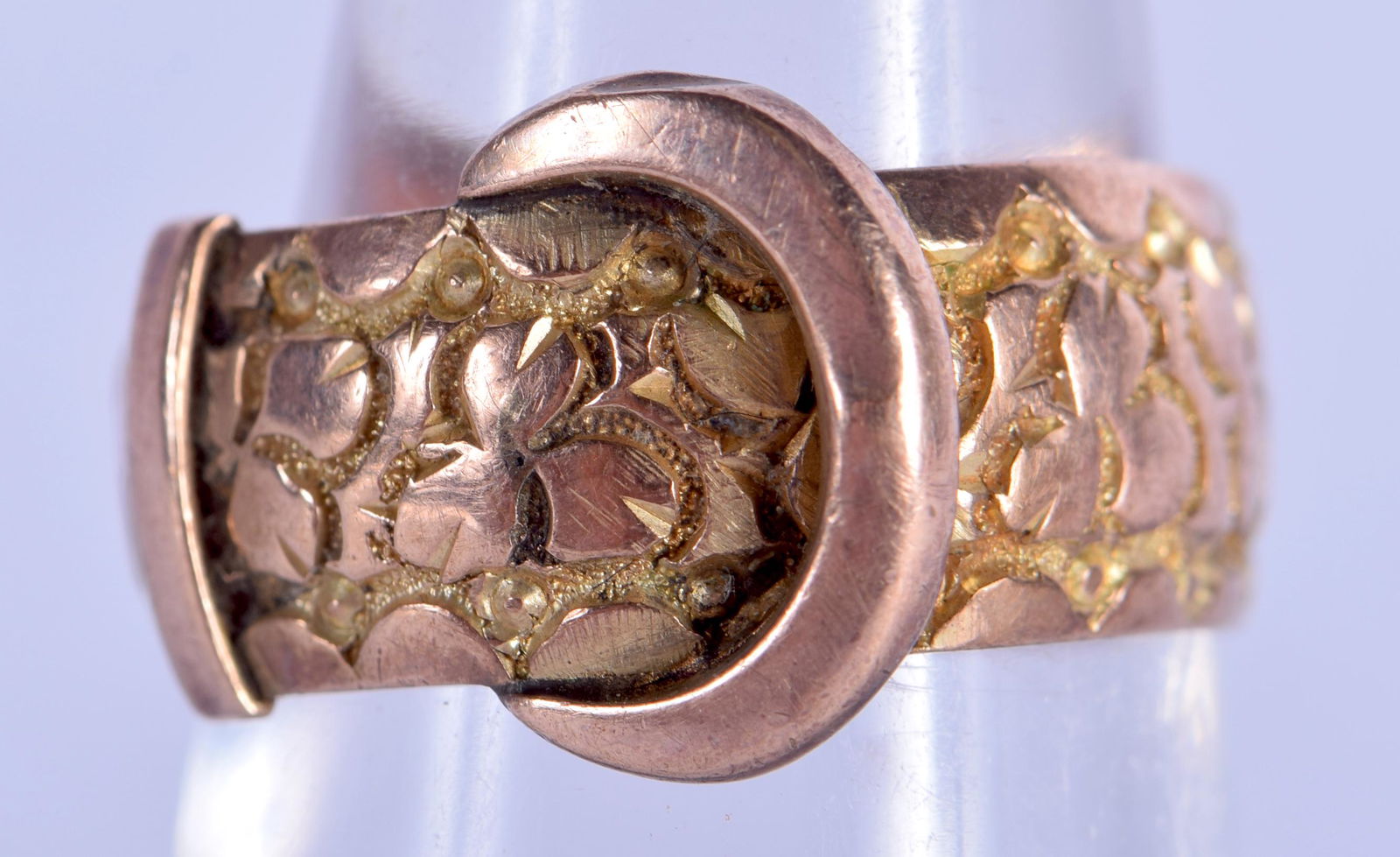 A 9CT GOLD BUCKLE RING. 4.4 grams. N. (1 of 3)