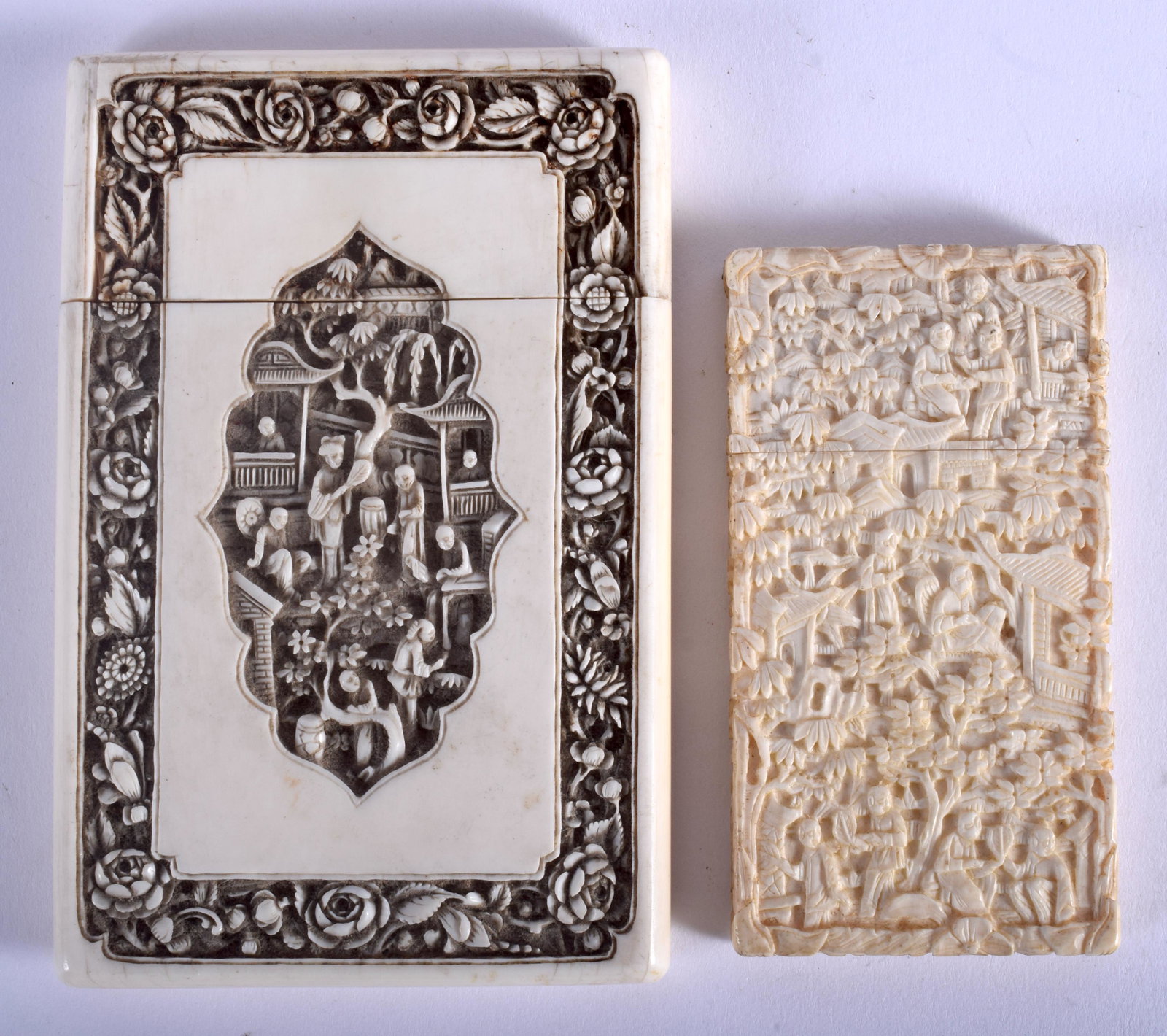 TWO 19TH CENTURY CHINESE CANTON bone CARD CASES AND: TWO 19TH CENTURY CHINESE CANTON bone CARD CASES AND COVERS Qing. Largest 7.5 cm x 11 cm. (2)