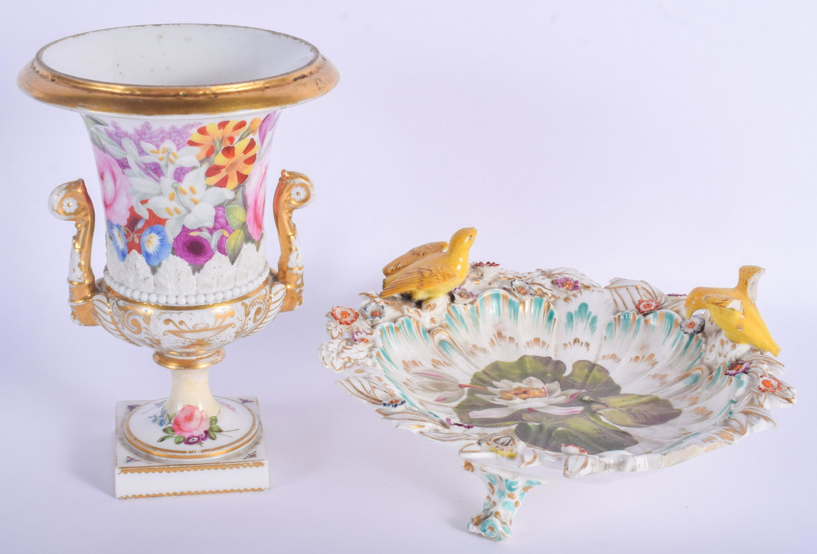 AN EARLY 19TH CENTURY ENGLISH TWIN HANDLED PORCELAIN: AN EARLY 19TH CENTURY ENGLISH TWIN HANDLED PORCELAIN VASE Coalport or Derby, together with a C1810 Meissen style dish. Vase 18 cm high, dish 20 cm wide. (2)