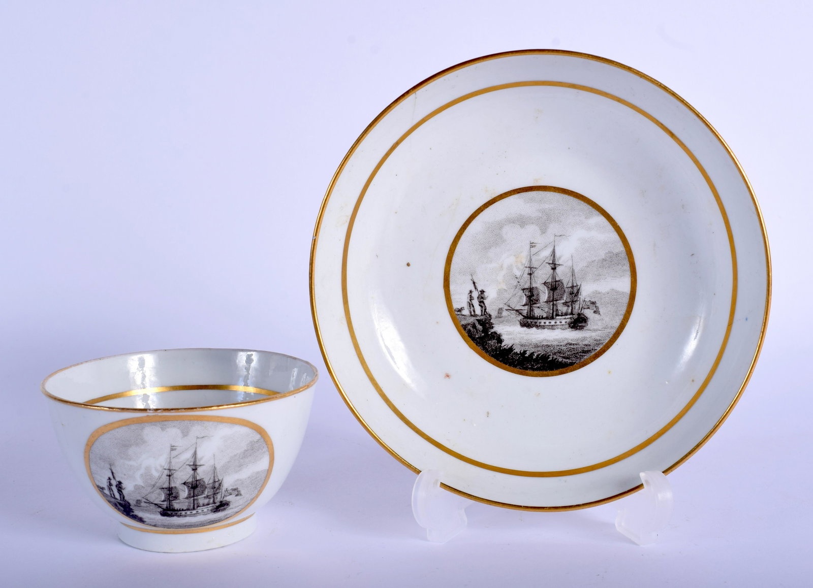 Late 18th/early 19th c. Wolfe Mason (Factory Z) tea: Late 18th/early 19th c. Wolfe Mason (Factory Z) tea bowl and saucer painted with sailing ships.