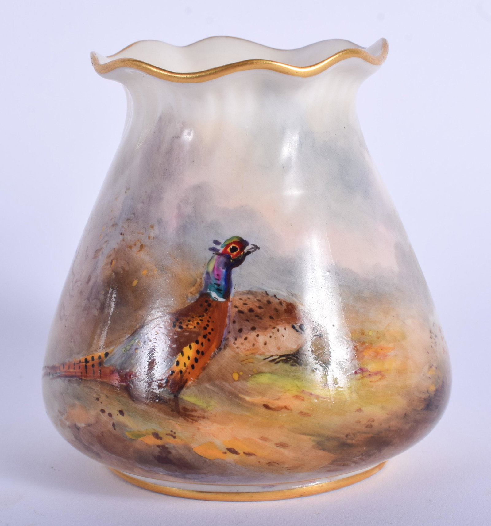 A ROYAL WORCESTER CRIMPED PHEASANT VASE by Stinton. 8: A ROYAL WORCESTER CRIMPED PHEASANT VASE by Stinton. 8 cm x 6.5 cm.