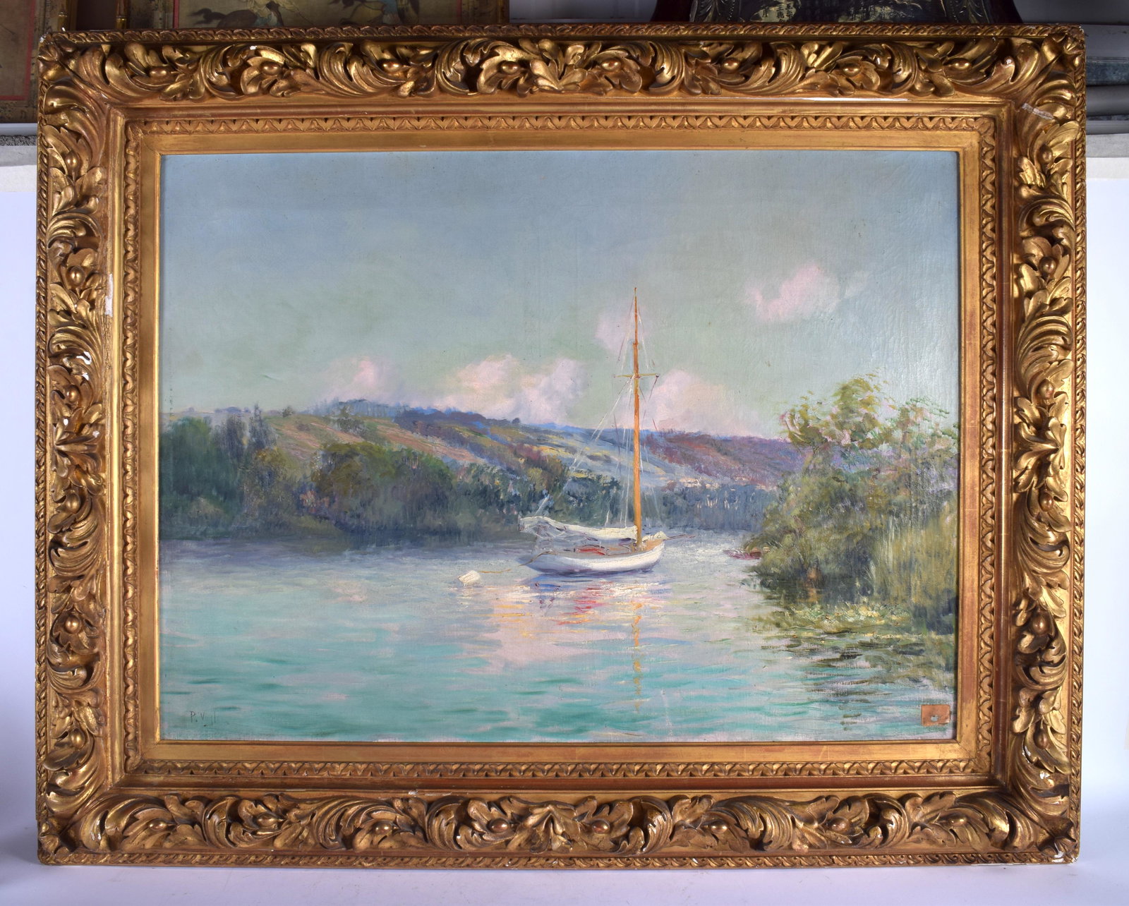 Paul Vogler (1852-1904) Oil on canvas, Voilier Sur La: Paul Vogler (1852-1904) Oil on canvas, Voilier Sur La Riviere. Image 79 cm x 58 cm.