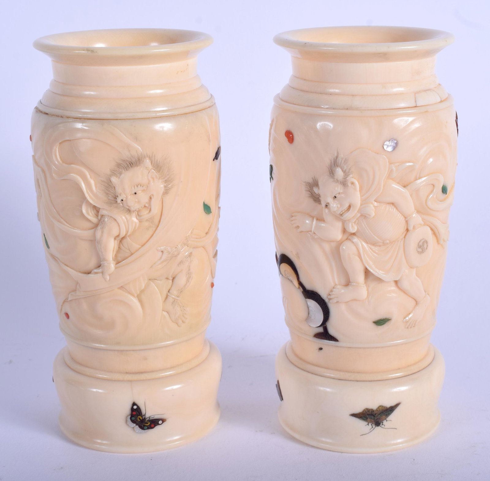 A FINE PAIR OF 19TH CENTURY JAPANESE MEIJI PERIOD: A FINE PAIR OF 19TH CENTURY JAPANESE MEIJI PERIOD CARVED BONE VASES shibayama inlaid with insects and foliage. 10.5 cm high.