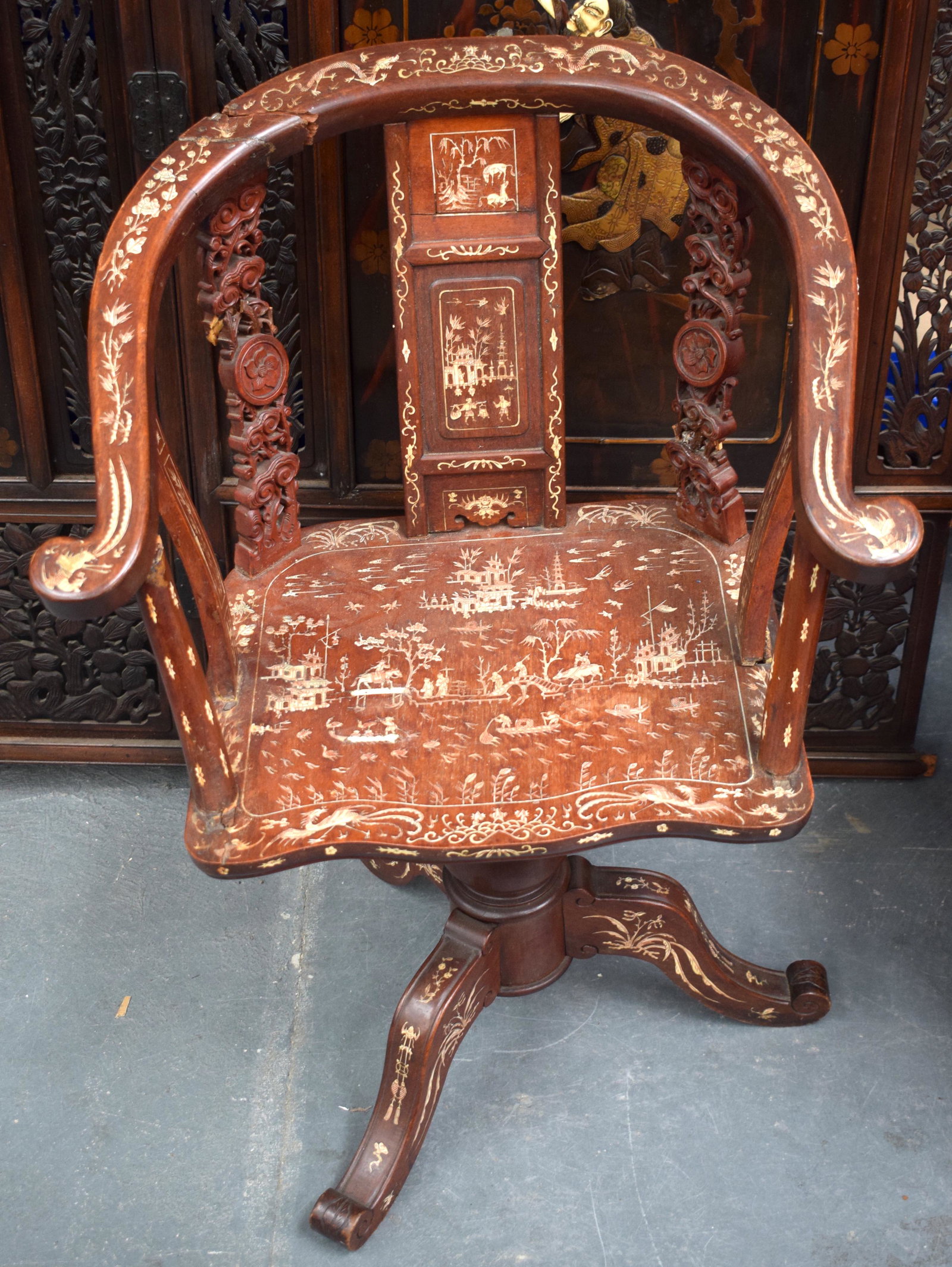 A 19TH CENTURY CHINESE HARDWOOD BONE INLAID DESK CHAIR: A 19TH CENTURY CHINESE HARDWOOD BONE INLAID DESK CHAIR Qing, depicting landscapes. 82 cm x 60 cm.