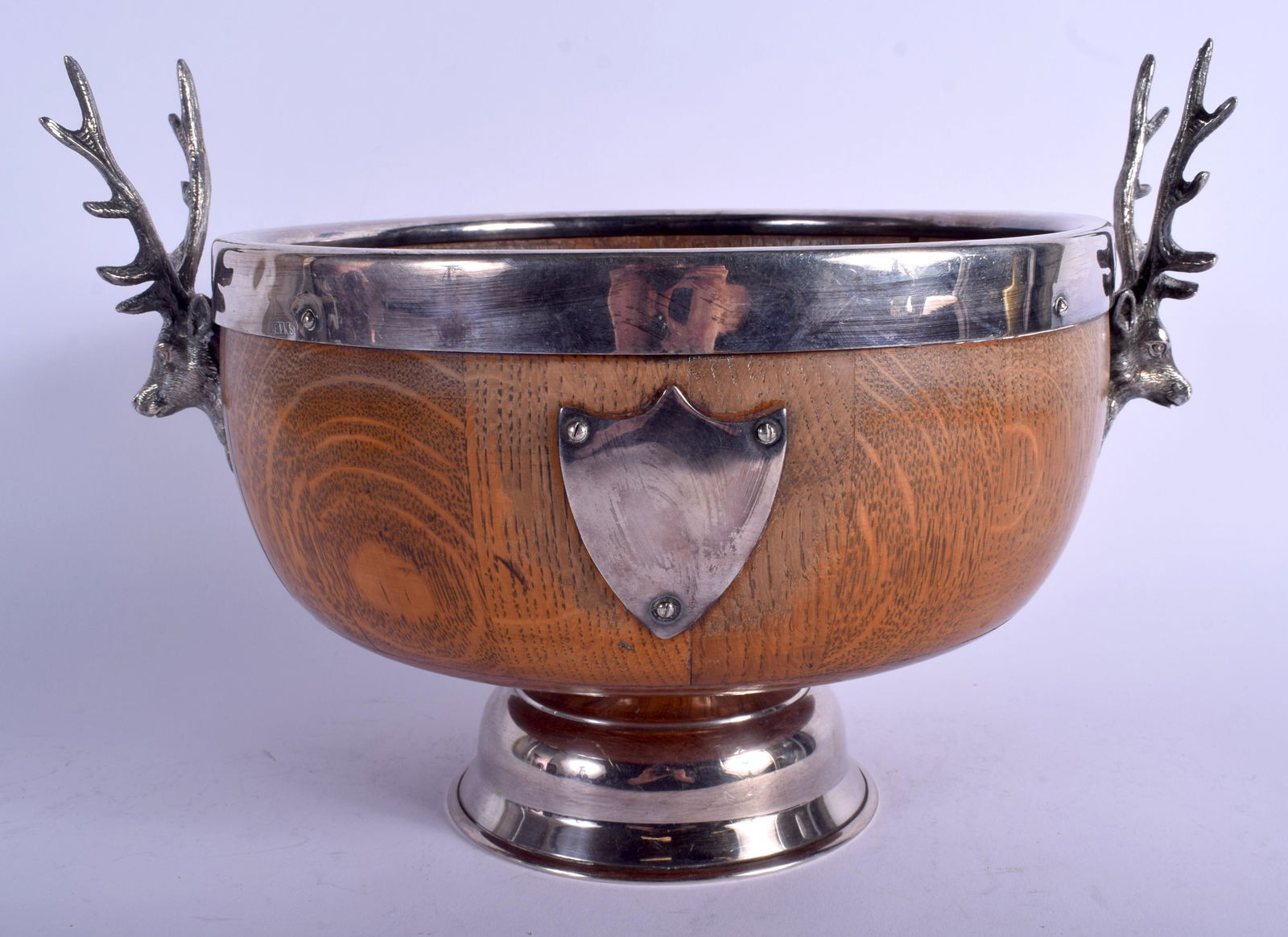 AN EDWARDIAN SILVER PLATED OAK MONTEITH TYPE BOWL with (1 of 4)