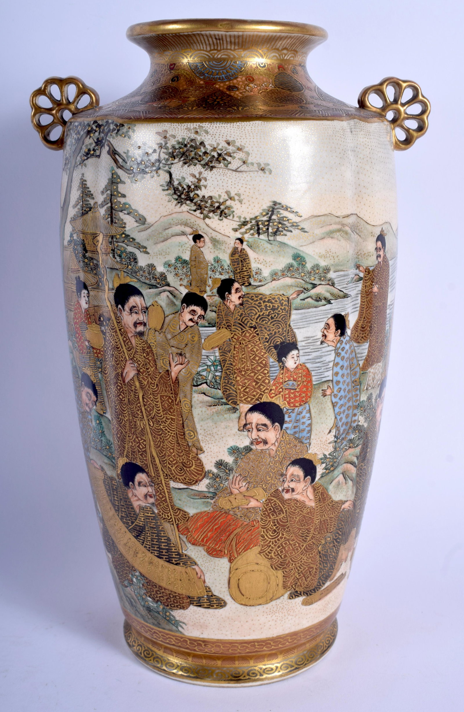 A 19TH CENTURY JAPANESE MEIJI PERIOD SATSUMA VASE: A 19TH CENTURY JAPANESE MEIJI PERIOD SATSUMA VASE painted with immortals. 25.5 cm high.