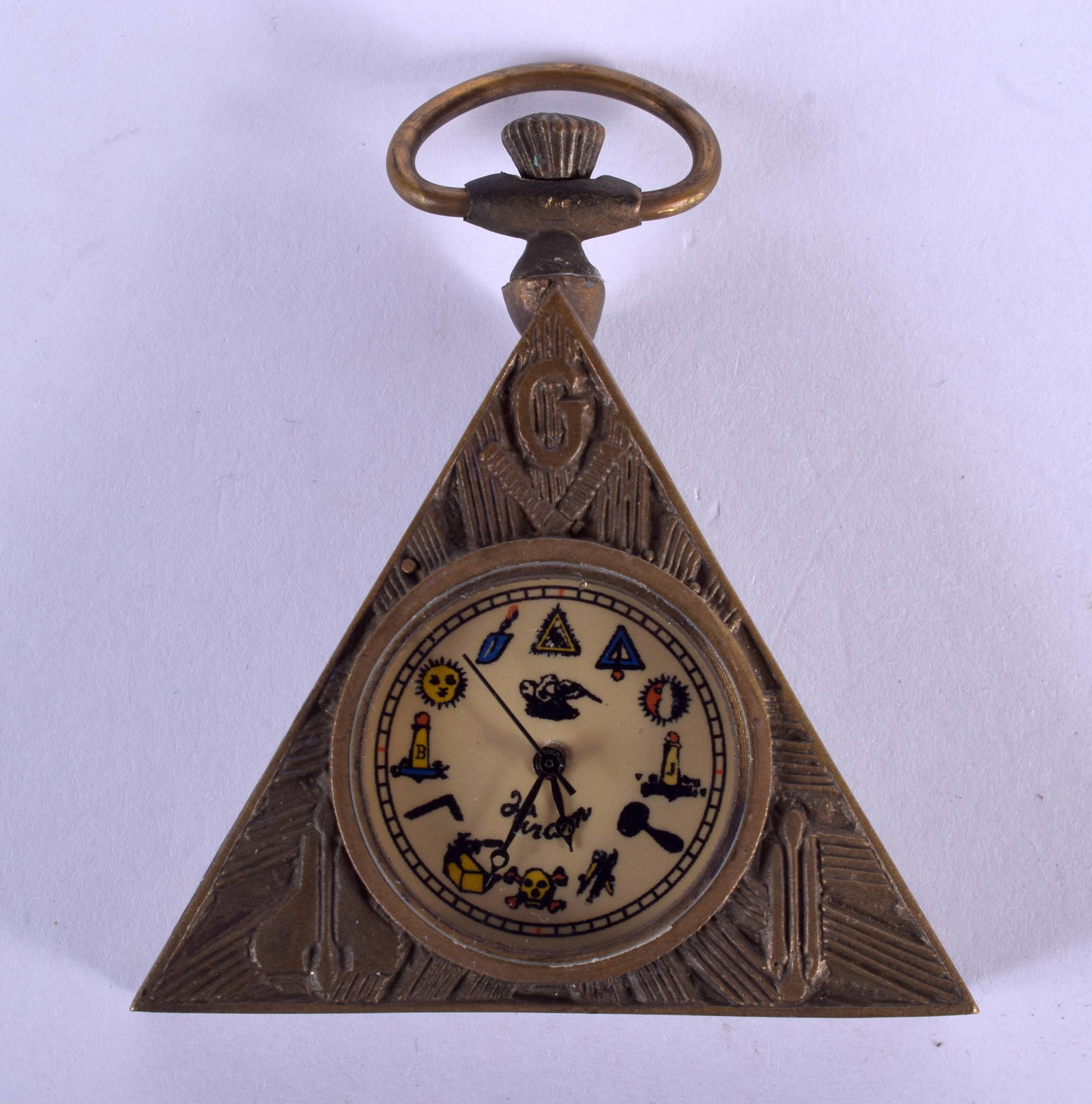 A CONTEMPORARY BRASS MASONIC POCKET WATCH. 5 cm wide.: A CONTEMPORARY BRASS MASONIC POCKET WATCH. 5 cm wide.