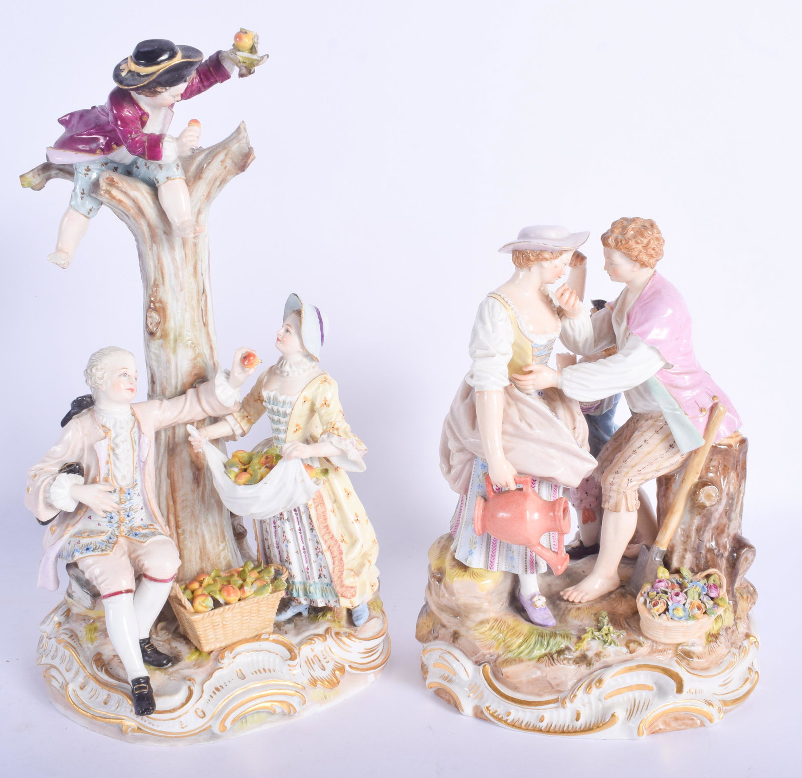A LARGE 19TH CENTURY MEISSEN PORCELAIN FIGURE OF FRUIT: A LARGE 19TH CENTURY MEISSEN PORCELAIN FIGURE OF FRUIT PICKERS together with another Meissen figure. Largest 24 cm x 12 cm.
