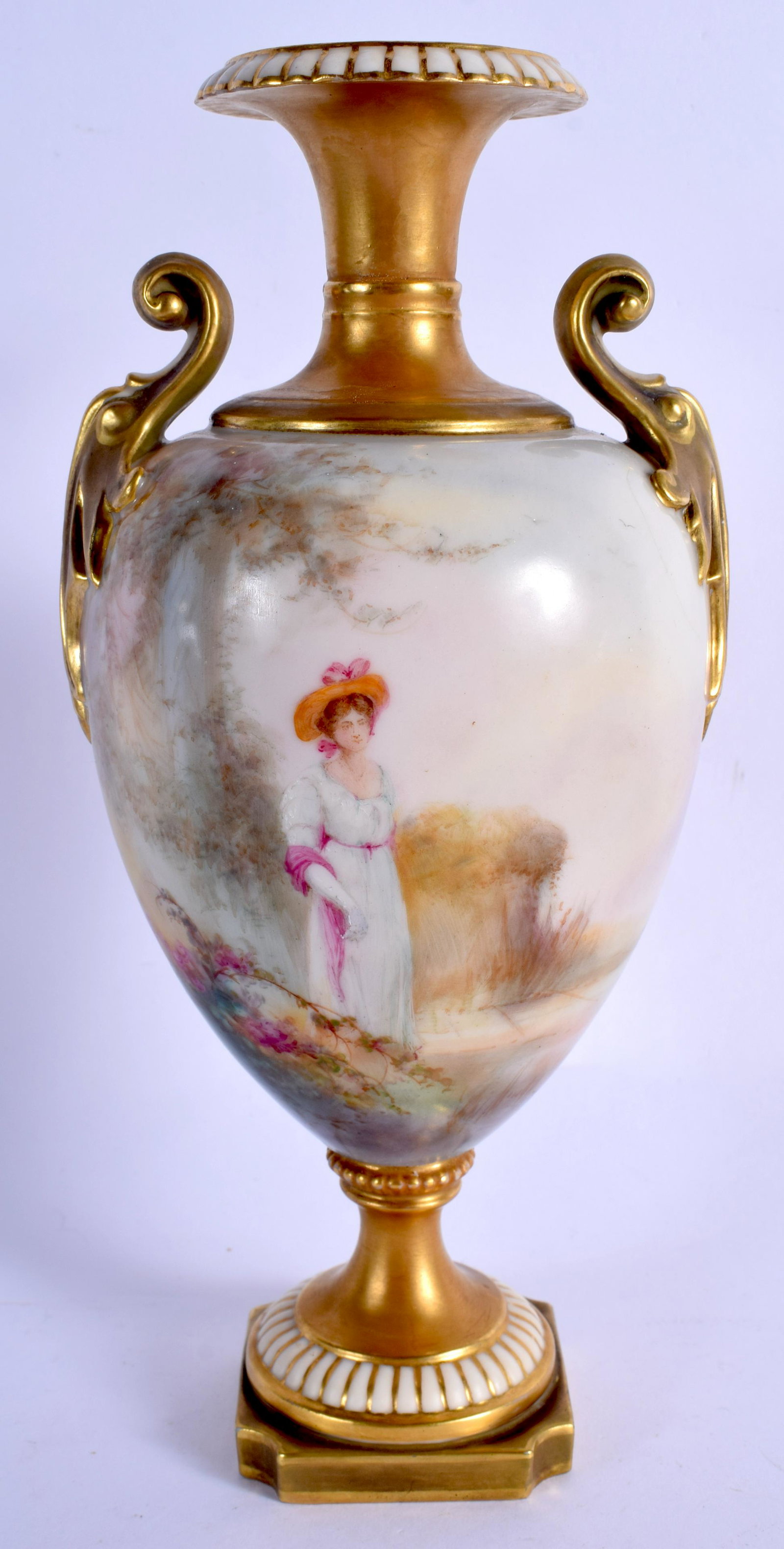 Royal Worcester two handled vase painted with a young: Royal Worcester two handled vase painted with a young woman wearing a bonnet in Venetian style landscape by Walter Sedgley, signed Sedgley, dated 1917, shape 1969. 22.5cm high