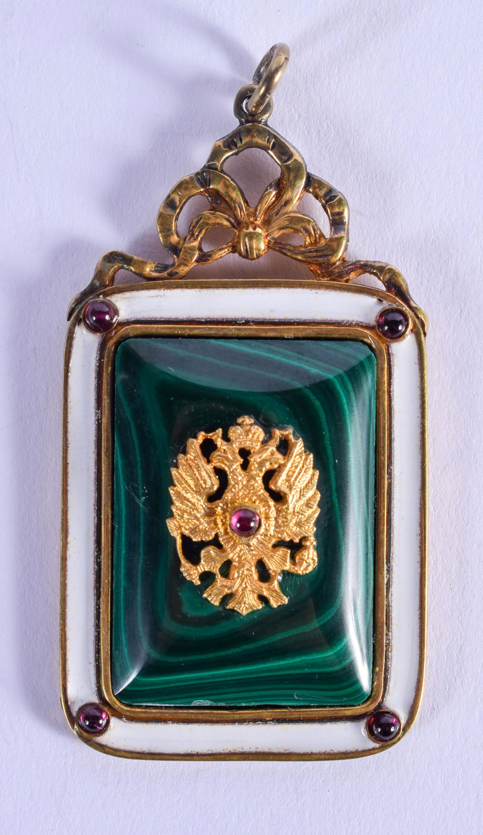 A CONTINENTAL SILVER GILT ENAMEL AND MALACHITE PENDANT. (1 of 4)