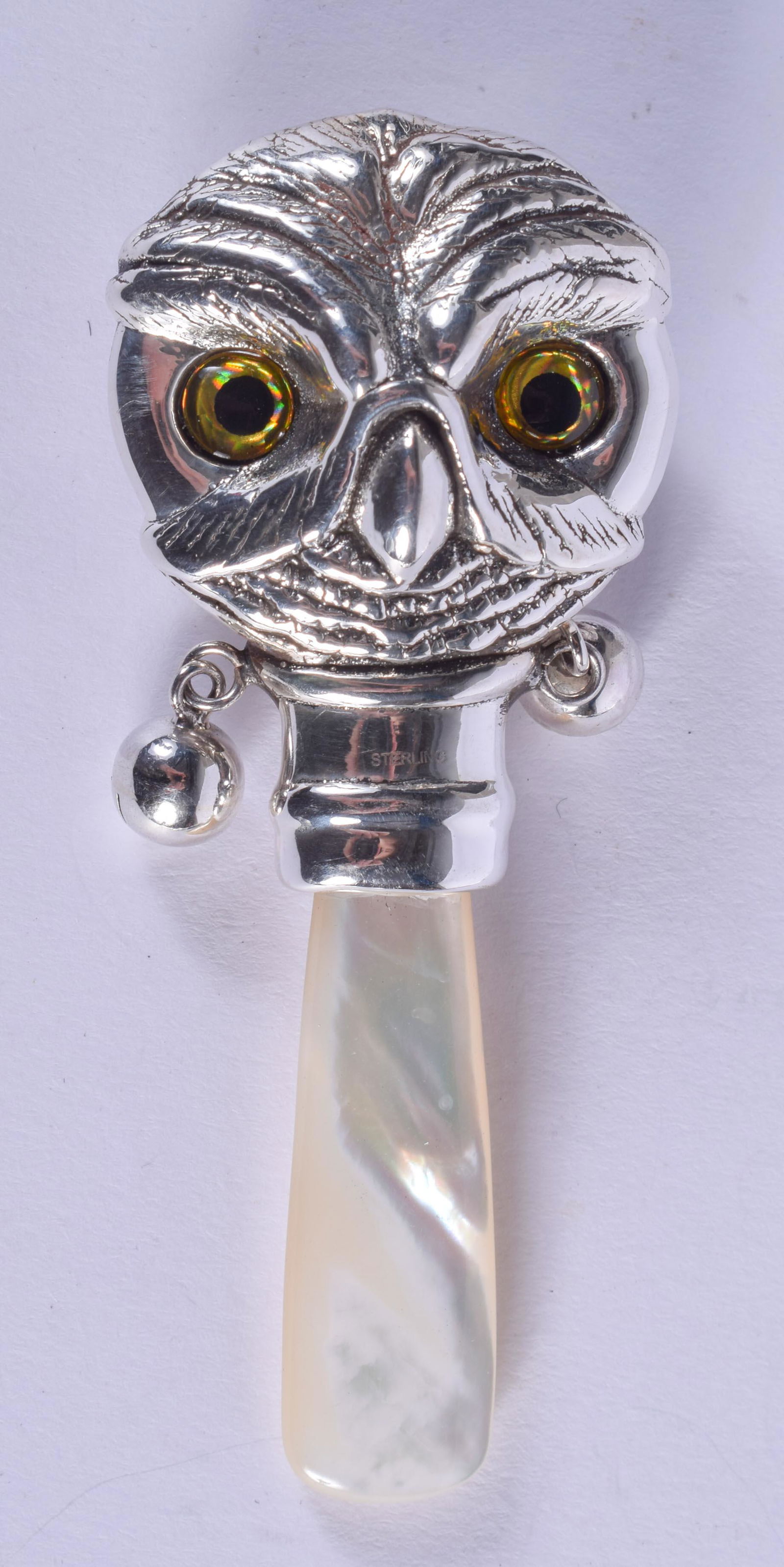 A SILVER OWL BABIES RATTLE. 8 cm long. (1 of 2)