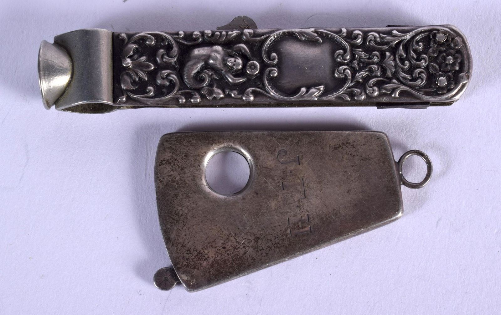 TWO VINTAGE SILVER CIGAR CUTTERS. (2) (1 of 3)