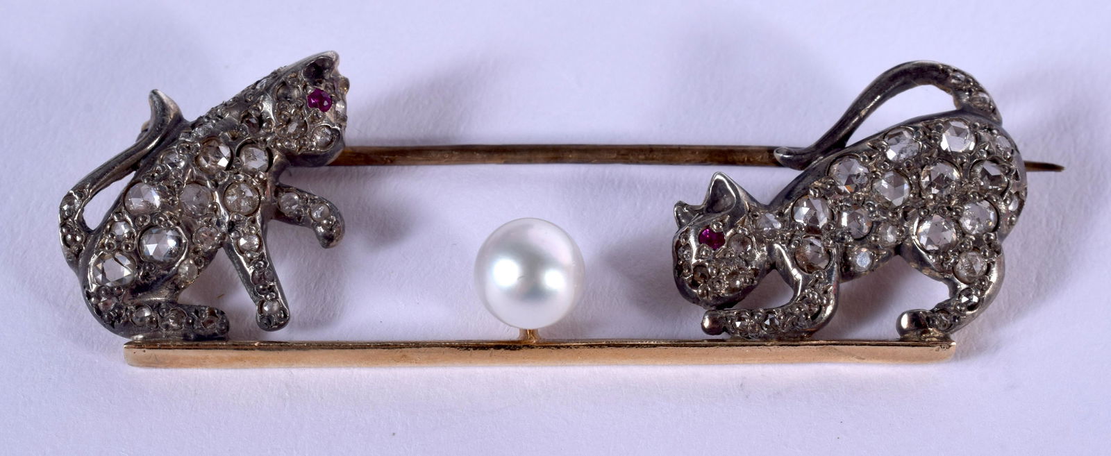 AN ANTIQUE GOLD SILVER RUBY AND PEARL CAT BROOCH. 5.4 (1 of 3)