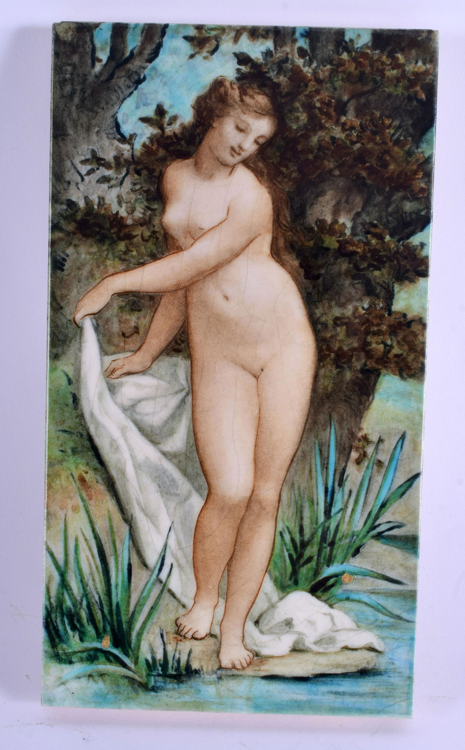 AN EXTREMELY RARE 19TH CENTURY ART NOUVEAU FRENCH: AN EXTREMELY RARE 19TH CENTURY ART NOUVEAU FRENCH POTTERY TILE by Theodore Deck, painted with a nymph bathing before a river, by repute removed from Naples Train Station, Bella Vista Nr Portici C1944.