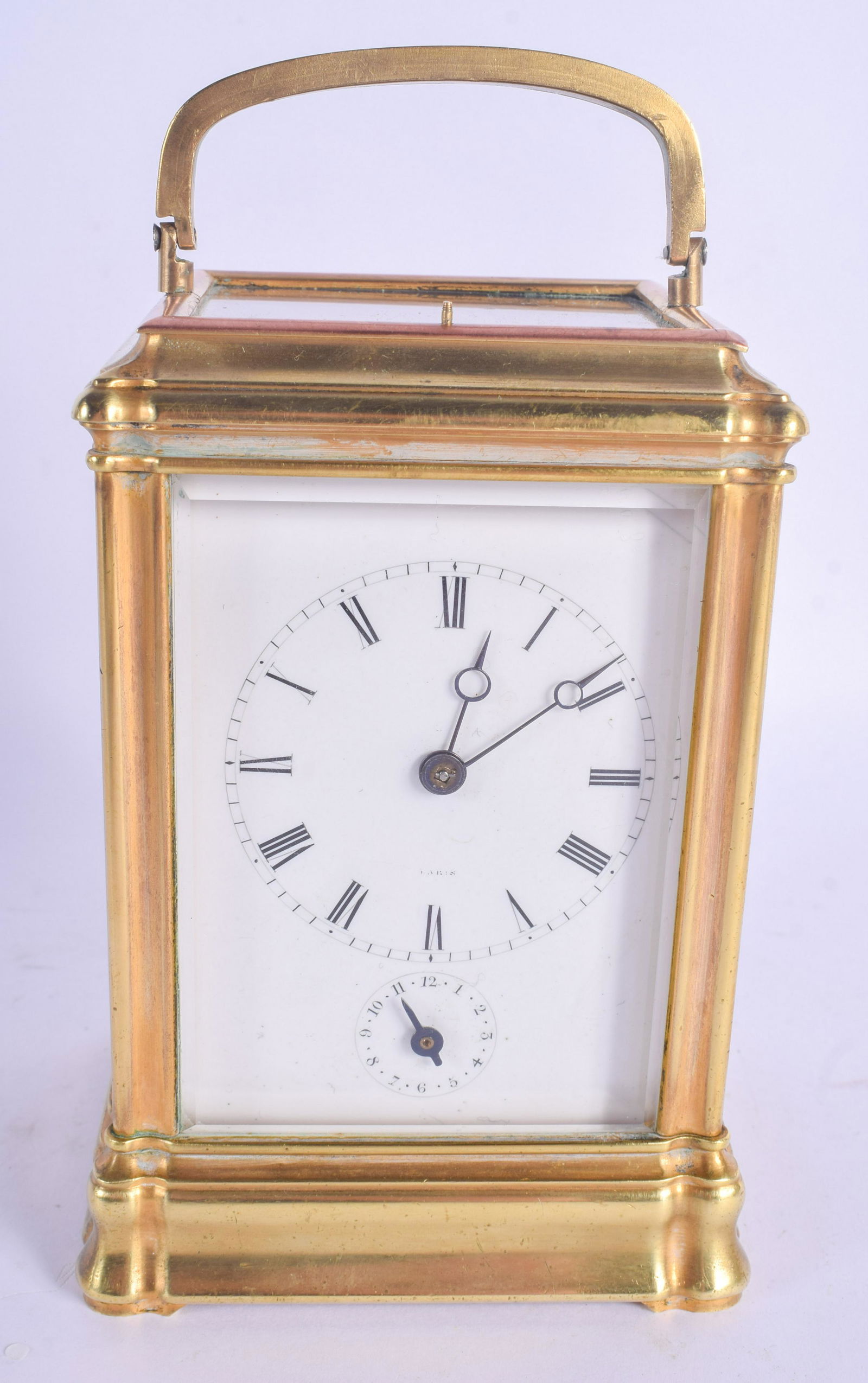 A 19TH CENTURY FRENCH GRAND SONNERIE REPEATING CARRIAGE: A 19TH CENTURY FRENCH GRAND SONNERIE REPEATING CARRIAGE CLOCK with white enamel dial. 17 cm high inc handle.