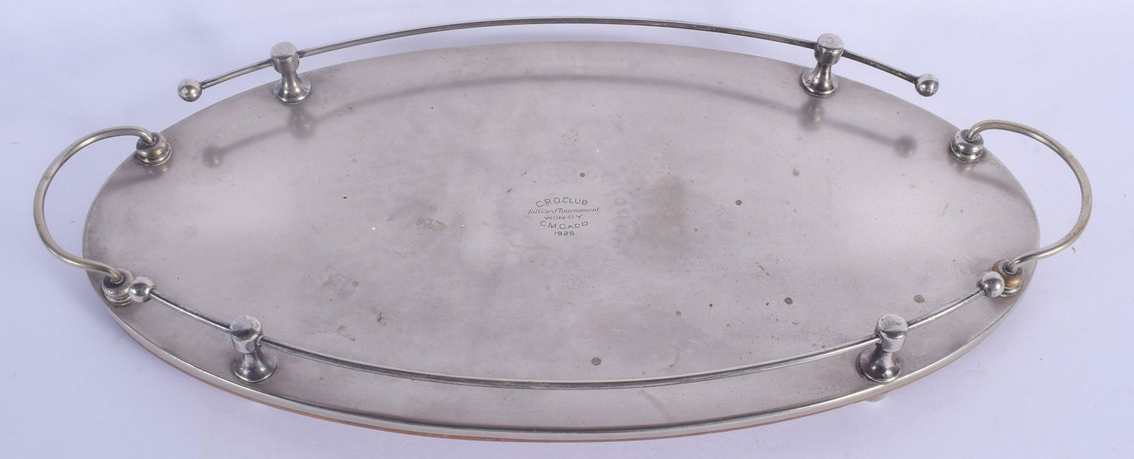 AN ART DECO SILVER PLATED BILLIARD TROPHY TRAY. 49 cm x (1 of 4)