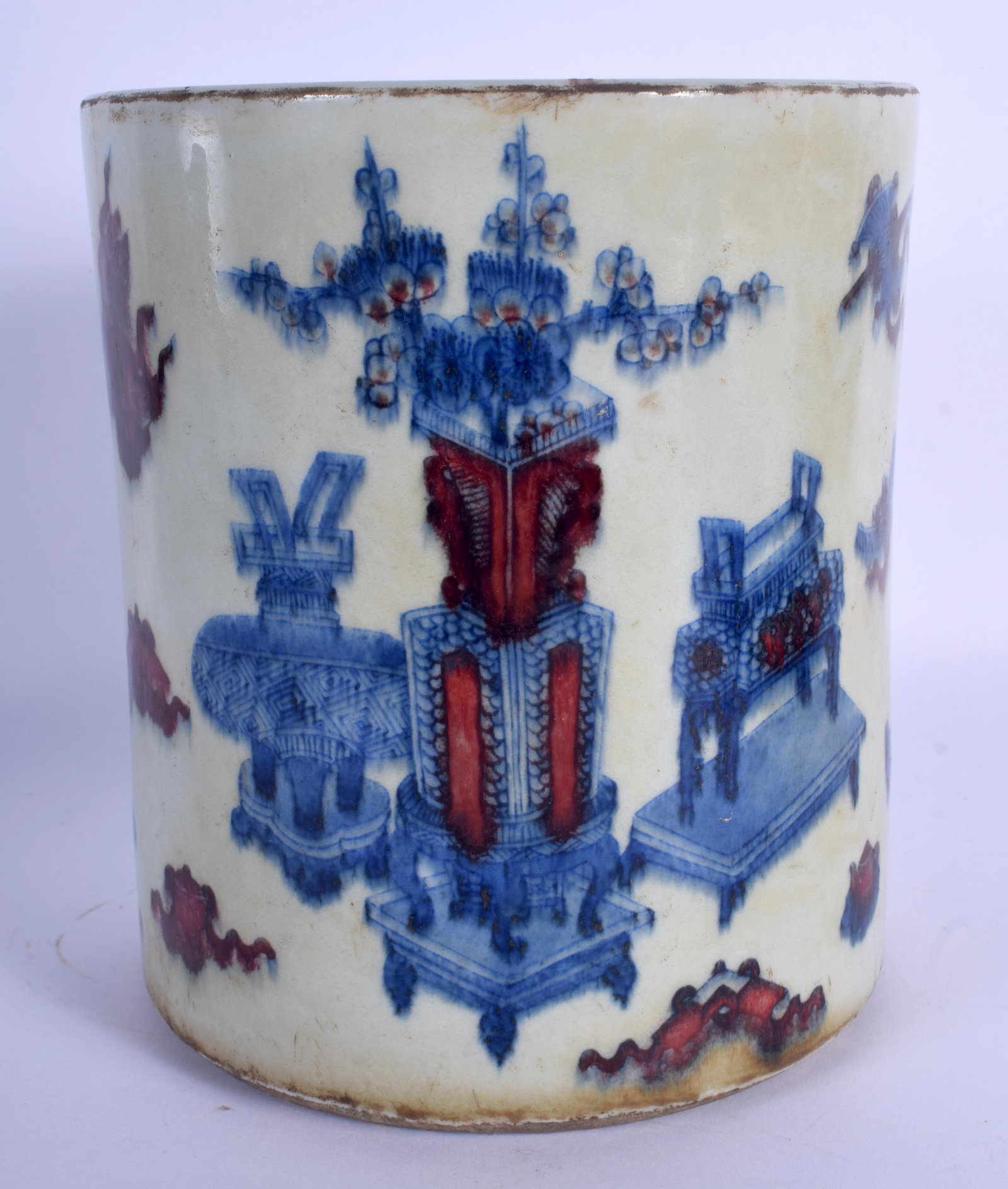 A CHINESE BLUE AND WHITE PORCELAIN BRUSH POT BITONG: A CHINESE BLUE AND WHITE PORCELAIN BRUSH POT BITONG 20th Century. 18 cm x 14 cm.