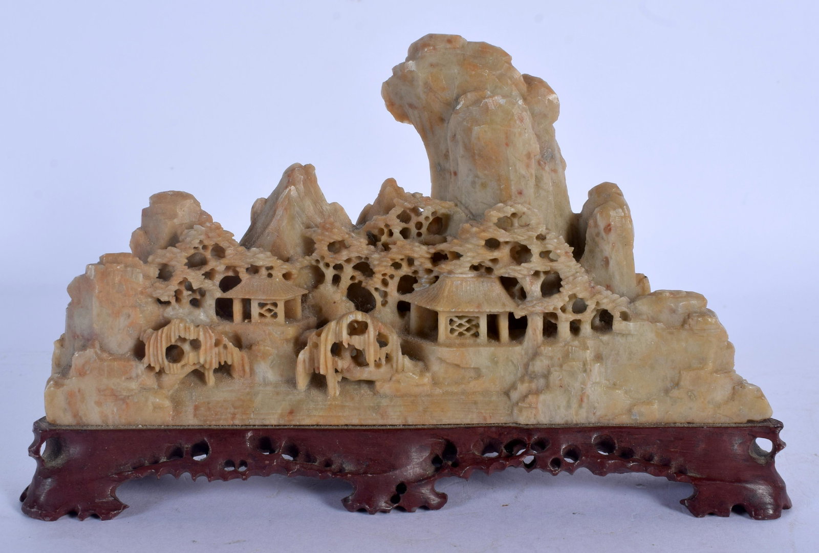 AN EARLY 20TH CENTURY CHINESE CARVED SOAPSTONE MOUNTAIN: AN EARLY 20TH CENTURY CHINESE CARVED SOAPSTONE MOUNTAIN Late Qing. 18 cm x 12 cm.