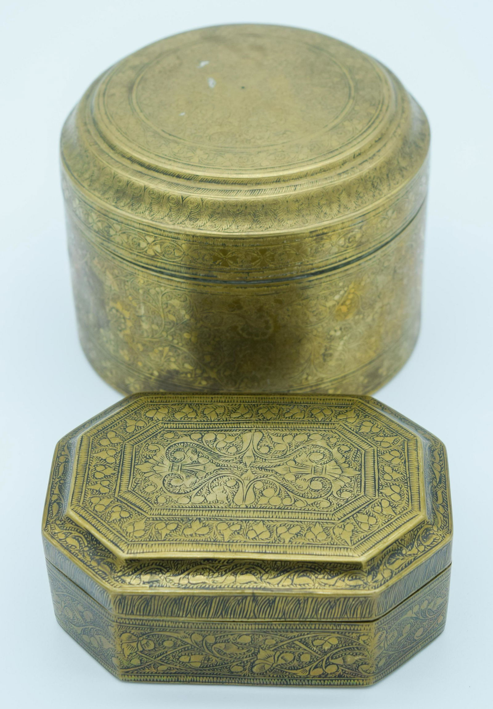 Two Indian 19th century engraved brass boxes largest (1 of 4)
