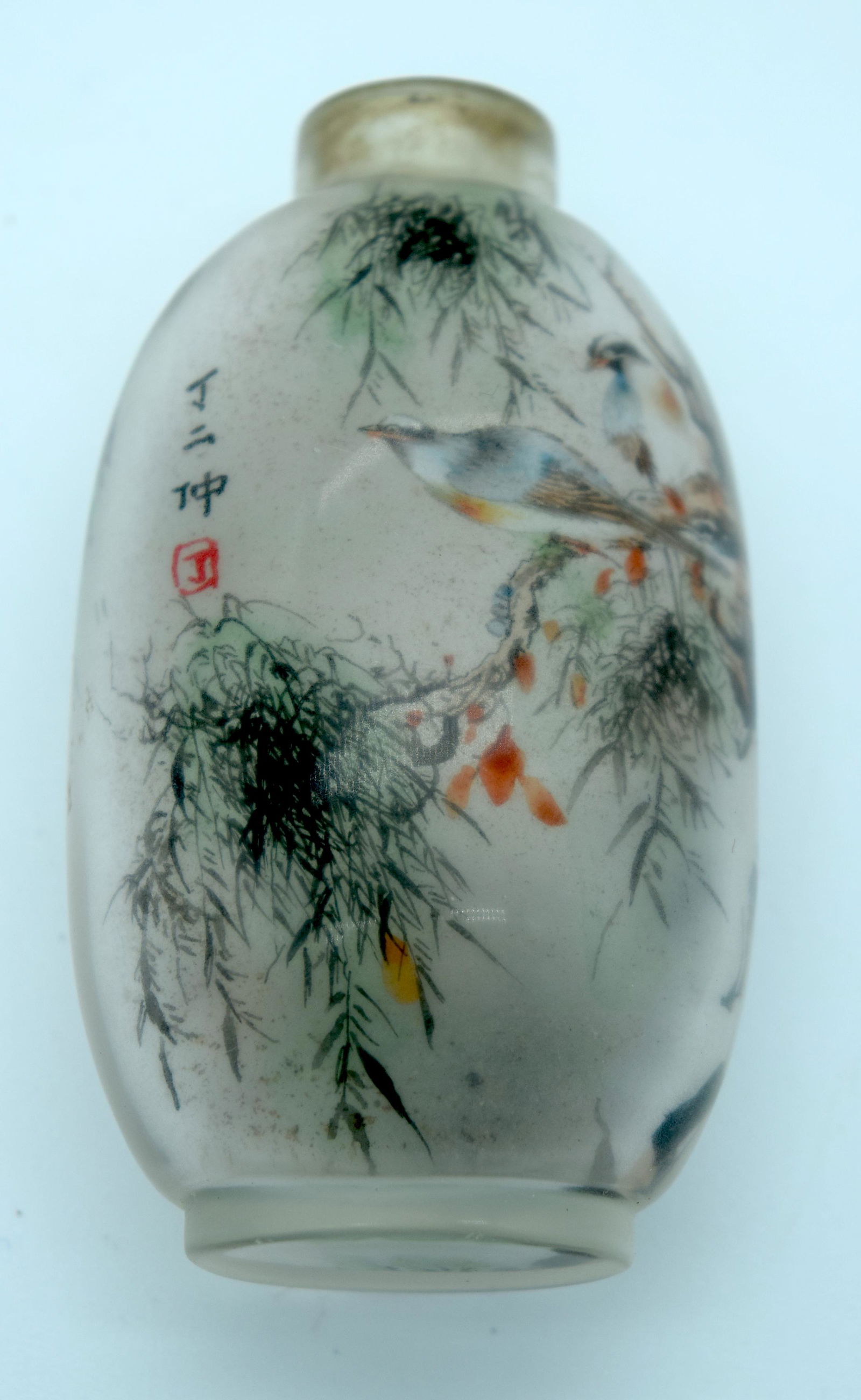 A reverse painted snuff bottle birds in foliage 7 x 4 (1 of 2)