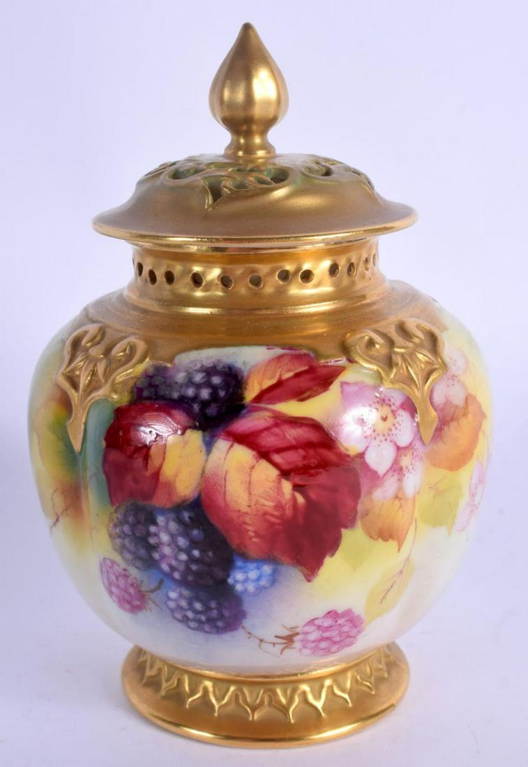 Royal Worcester pot pourri vase and cover painted with: Royal Worcester pot pourri vase and cover painted with autumnal leaves and berries by Kitty Blake, signed, date code for 1938. 13cm high