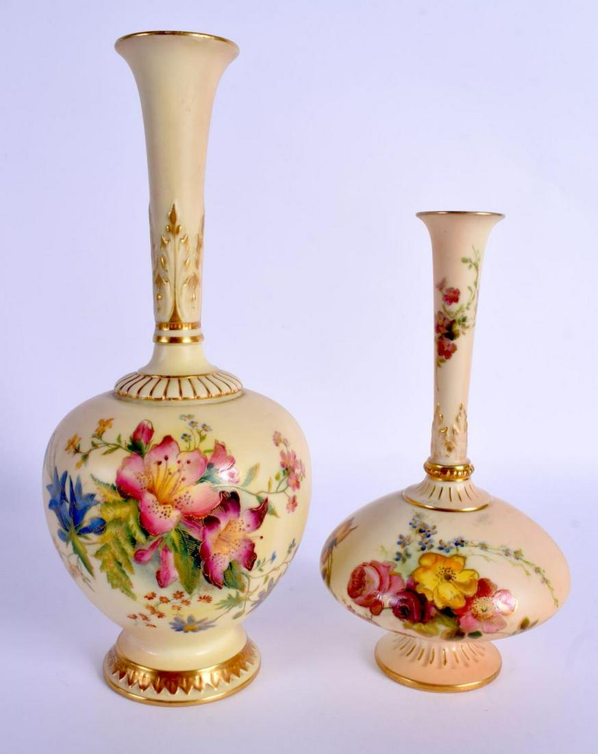 Royal Worcester vase painted with flowers on a blush: Royal Worcester vase painted with flowers on a blush bone ground, date code 1907, shape 1661 and another vase similarly decorated, date code 1896, shape 1748. 24cm high