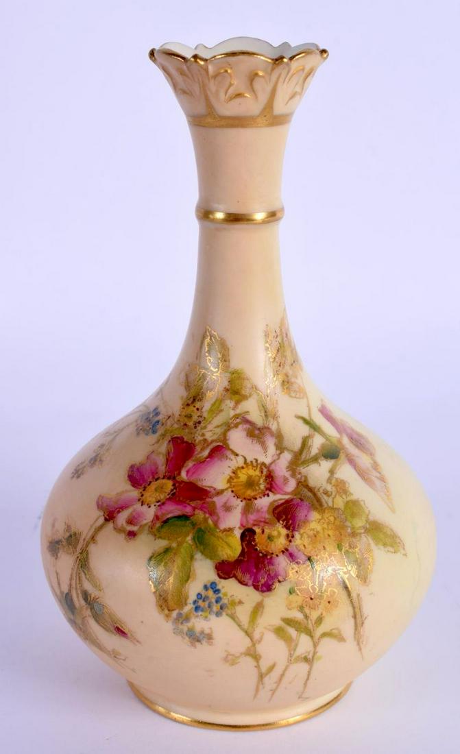 Royal Worcester vase painted with flowers on a blush: Royal Worcester vase painted with flowers on a blush bone ground, date code 1911, shape G702. 18cm high