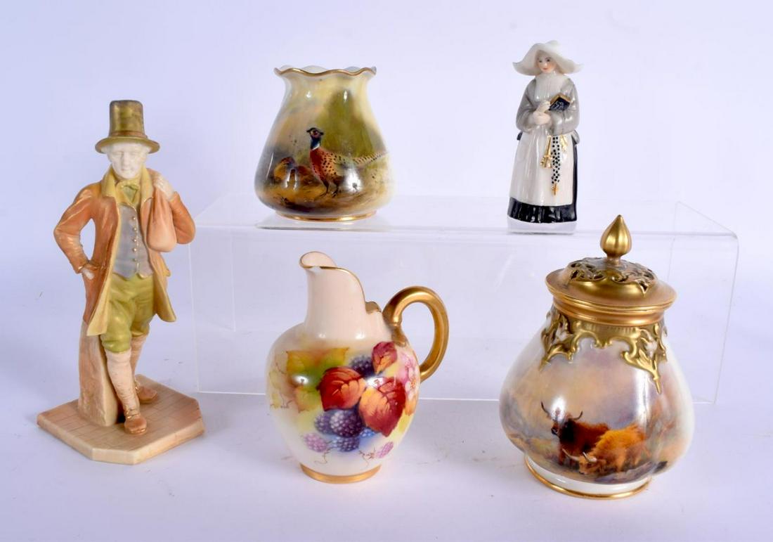Royal Worcester vase and a cover painted with highland: Royal Worcester vase and a cover painted with highland cattle by Harry Stinton, signed, date code 1923, Royal Worcester sack shaped vase painted with a brace of pheasant by Jas. Stinton, signed, date 