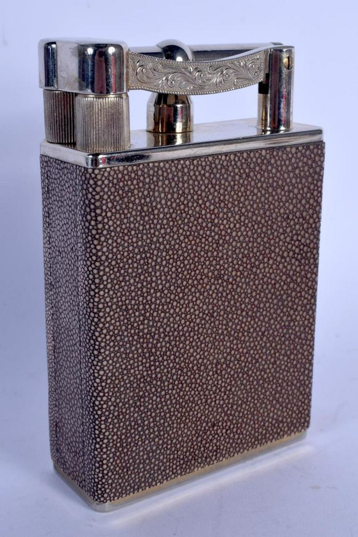 A LARGE VINTAGE SHAGREEN AND CHROME TABLE LIGHTER in