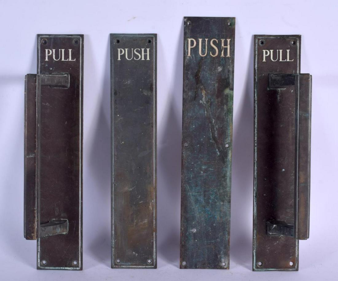 THREE 1930S BRONZE PUSH DOOR HANDLES. 40 cm x 10 cm.: THREE 1930S BRONZE PUSH DOOR HANDLES. 40 cm x 10 cm. (3)