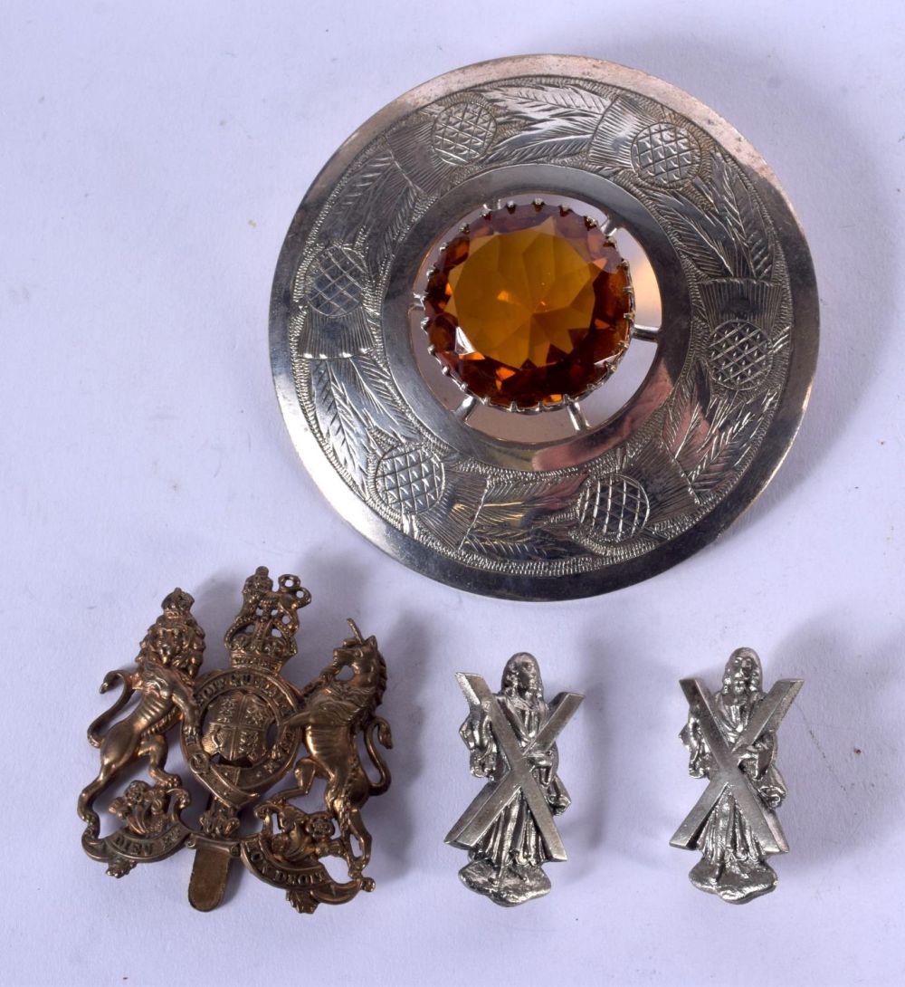 A LARGE SCOTTISH PLAID BROOCH etc. Largest 8 cm (1 of 2)